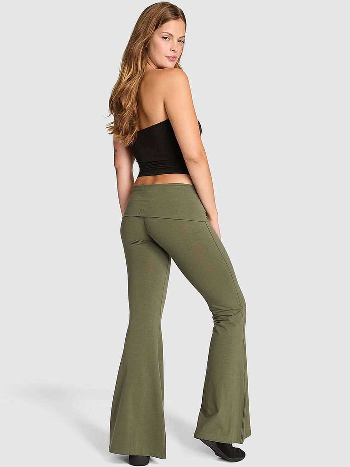 pink Pink All-Day Cotton&trade; Foldover Super Flare Leggings Olive 2 of 3 