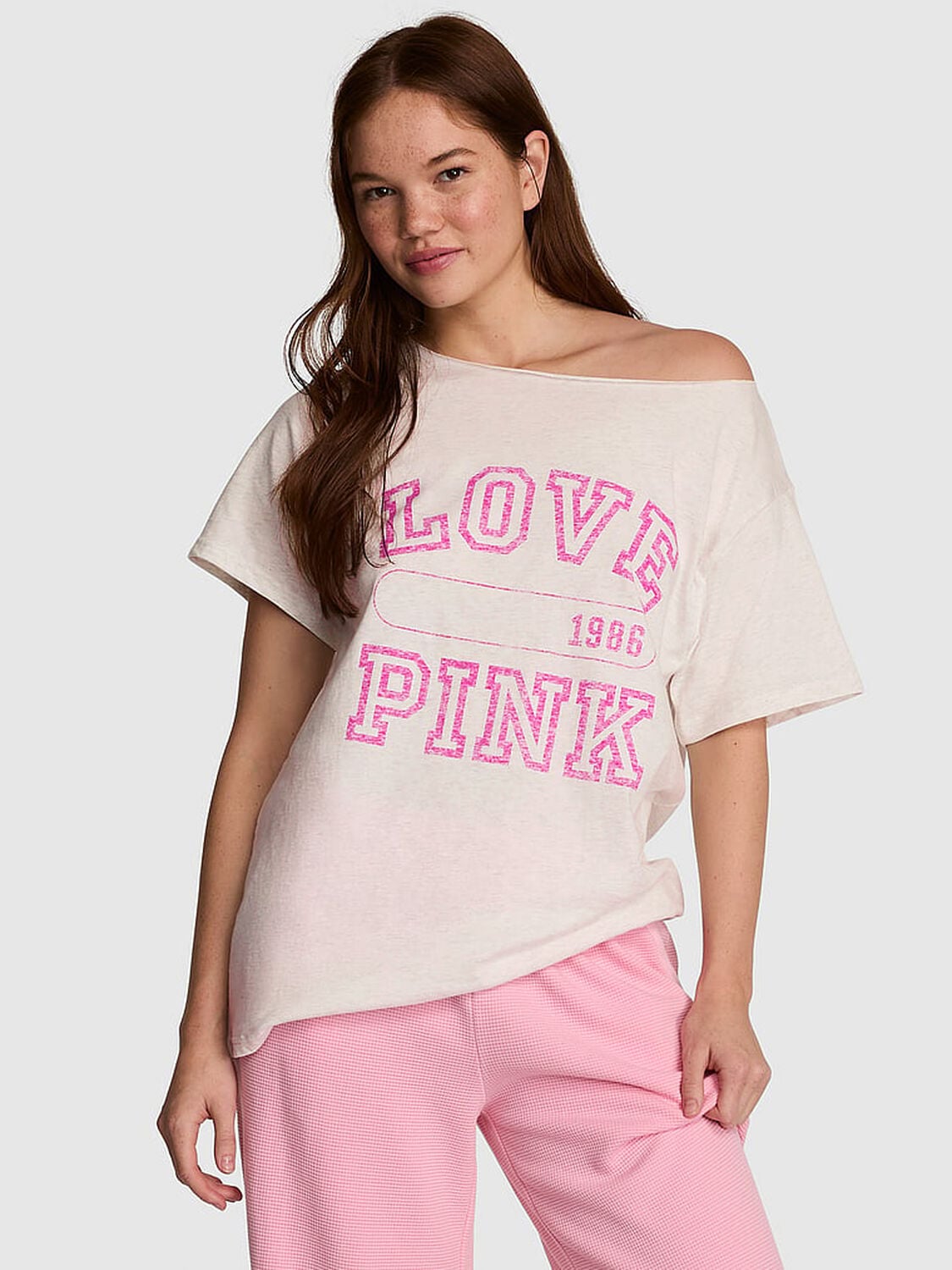 vs Pink Campus Cotton&trade; Off-The-Shoulder Tee Snow Heather 1 of 3 