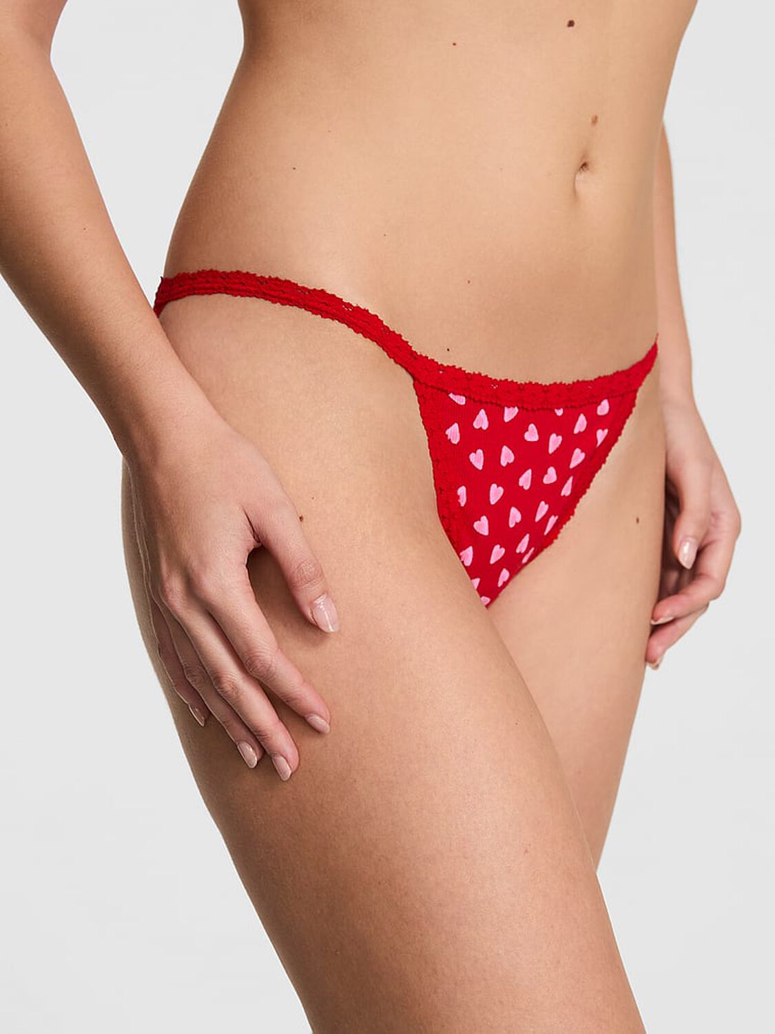 vs Pink Wink Lace-Trim String Bikini Panty Bright Vermillion Heart 1 of 3 