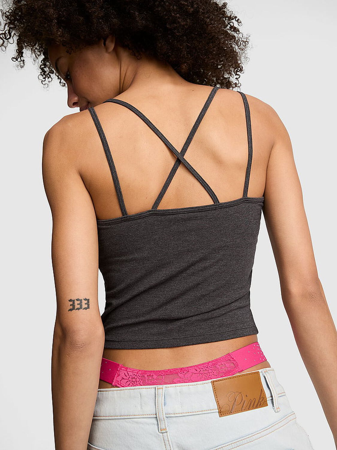 vs Pink All-Day Cotton&trade; Strappy Tank Top Charcoal Heather With Sequins 2 of 3 