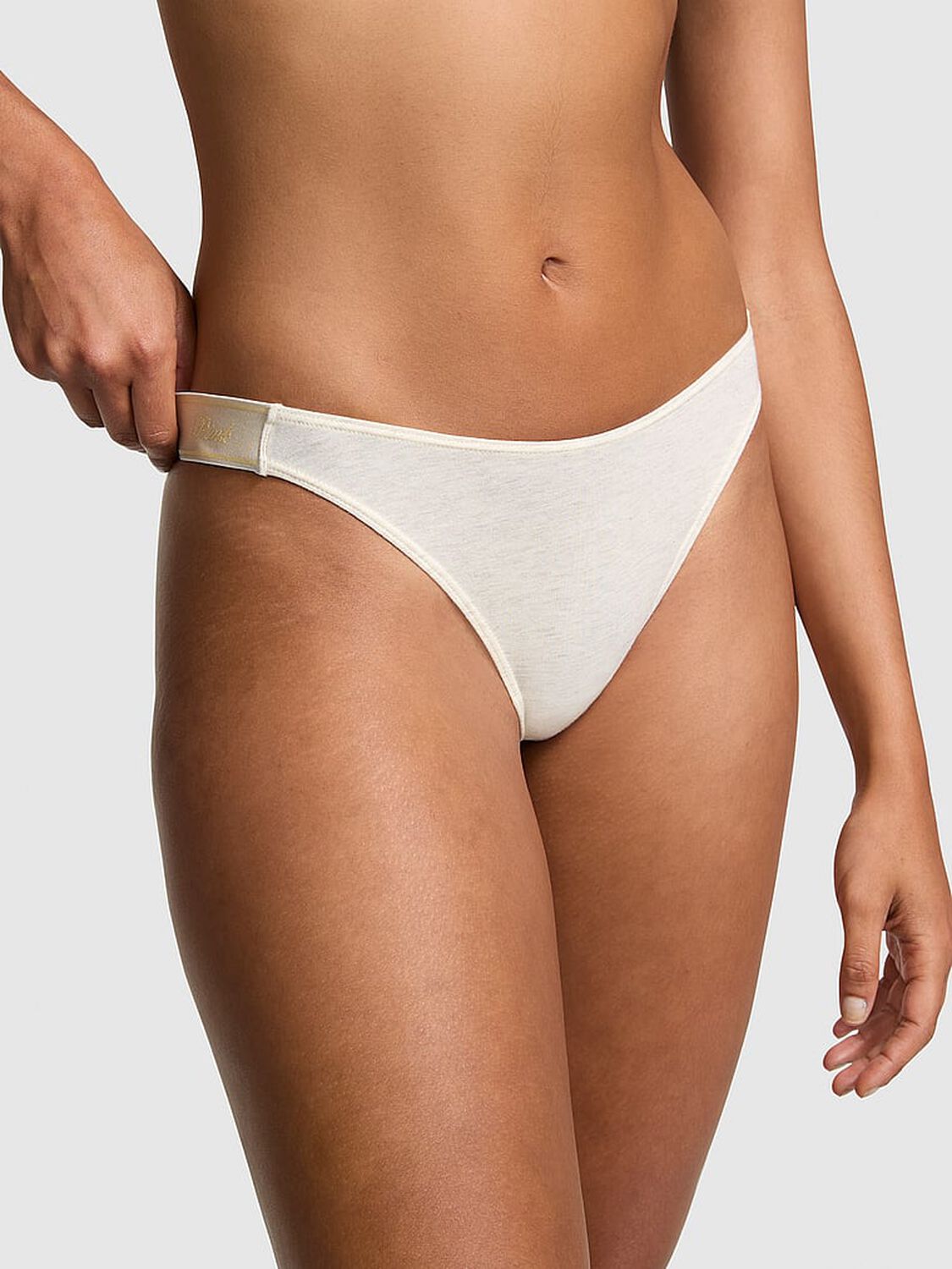 vs Pink Logo Cotton High-Leg Thong Panty Natural Heather 1 of 3 