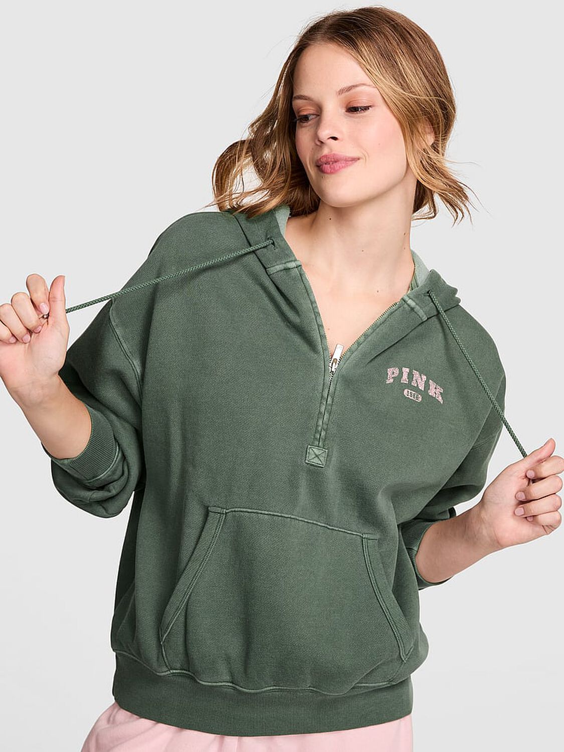 vs Pink Ivy Fleece Campus Half-Zip Hoodie Wild Thyme 1 of 3 