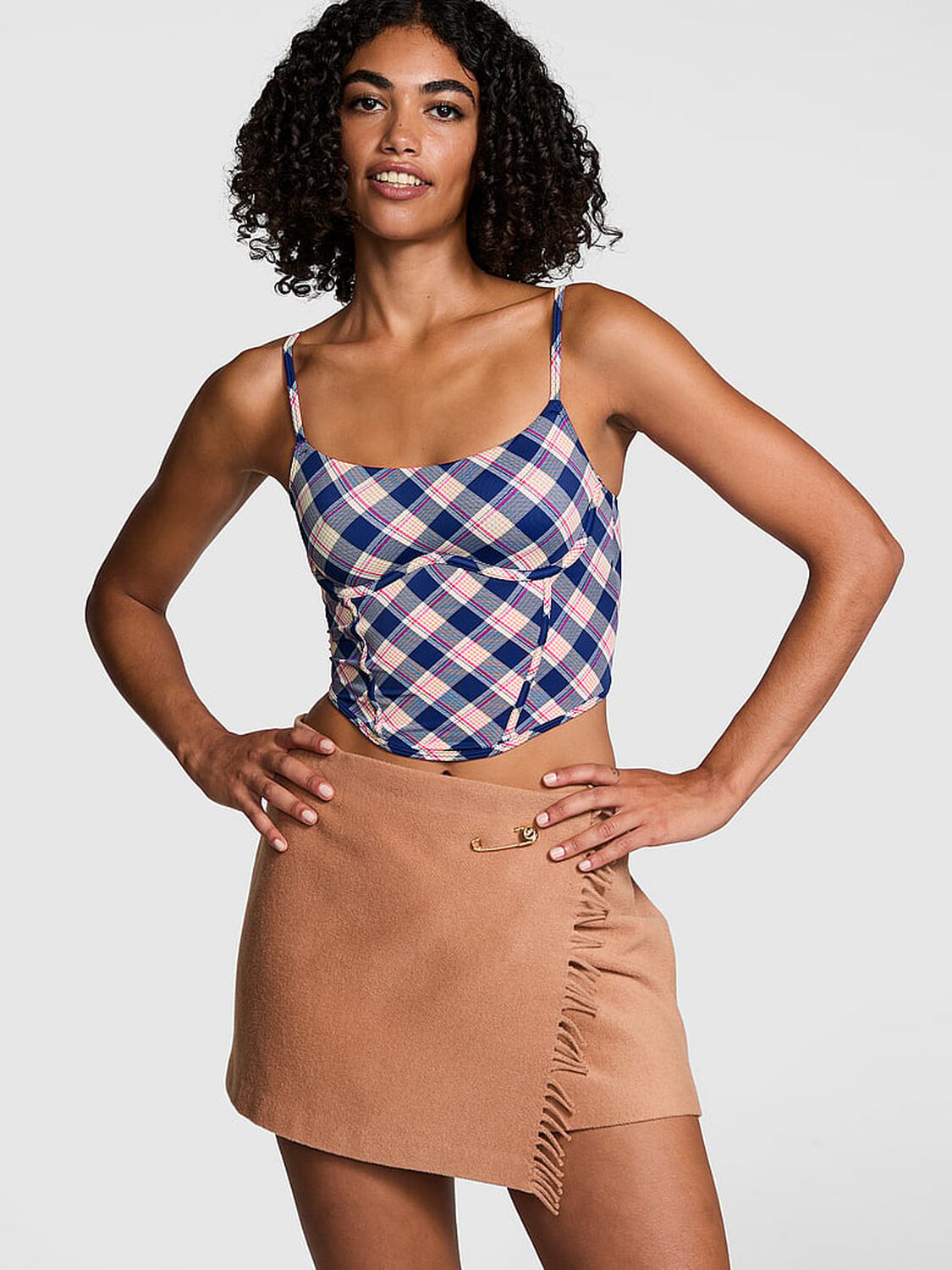 vs Pink Bralettes & Bra Tops The Cinched Micro Corset Top Navy Plaid Print 1 of 4 