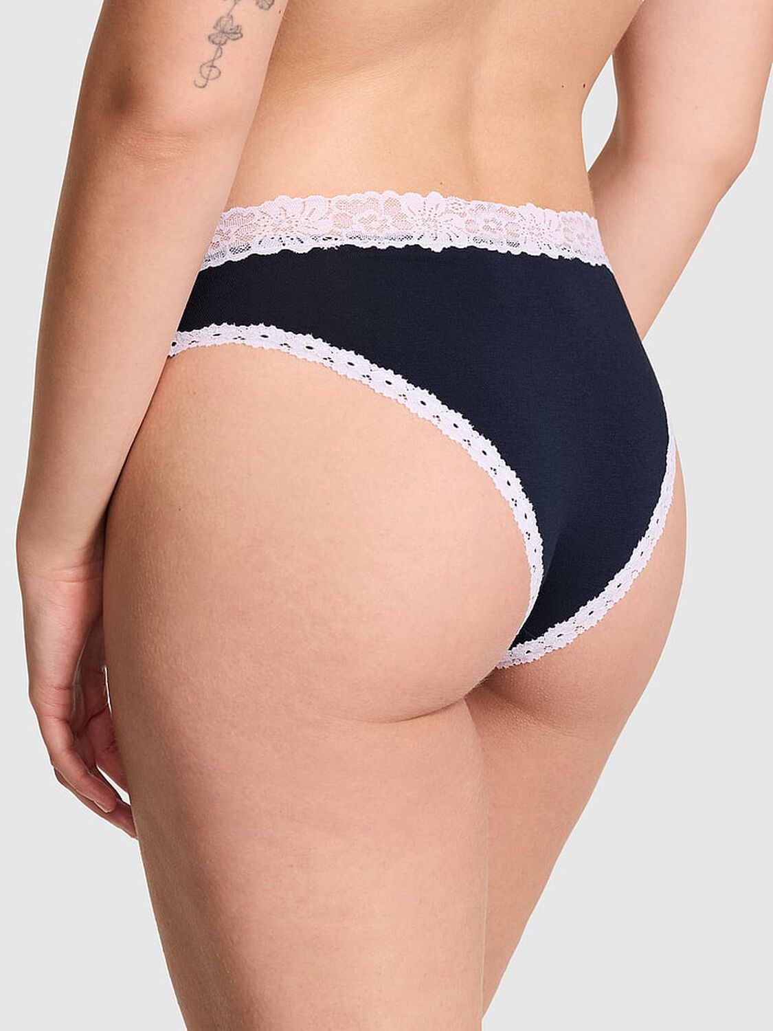 vs Pink Cotton Lace-Trim Cheeky Panty Noir Navy With White Lace And Too Cute Graphic 2 of 3 