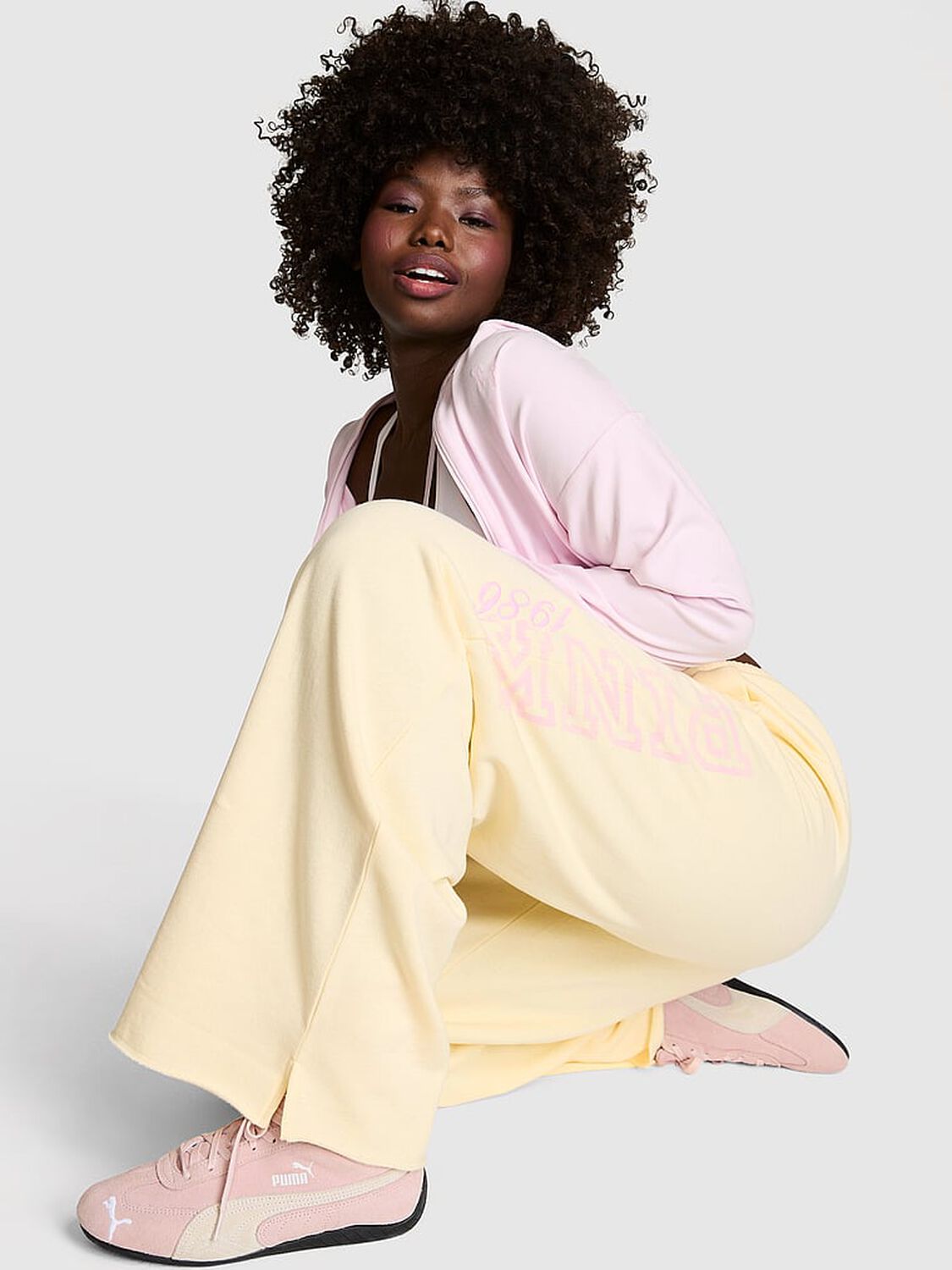 vs Pink Campus Fleece&trade; Wide-Leg Split-Hem Sweatpants Palest Yellow 1 of 3 