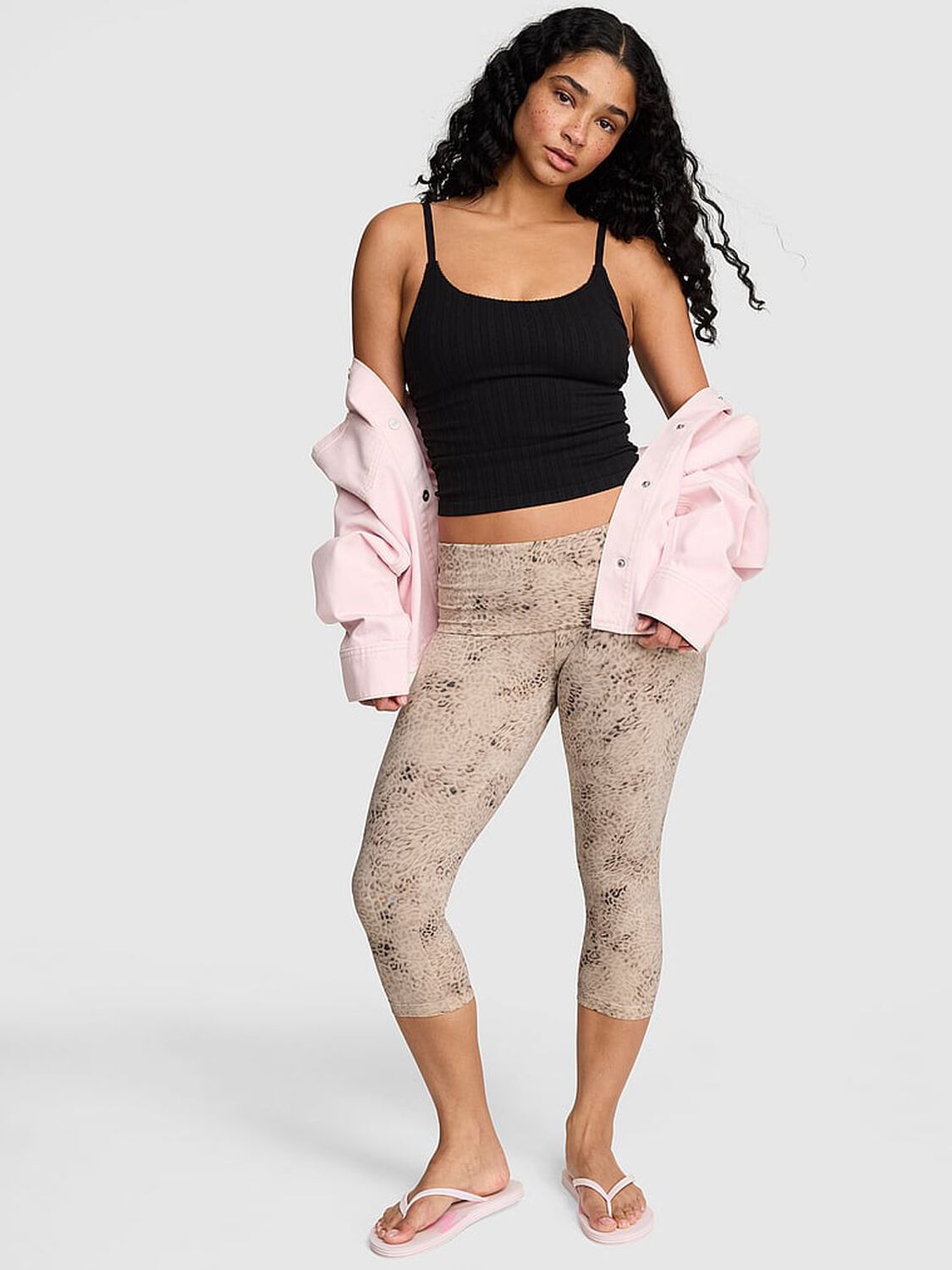pink Pink All-Day Cotton&trade; Foldover Capri Leggings Leopard 1 of 4 