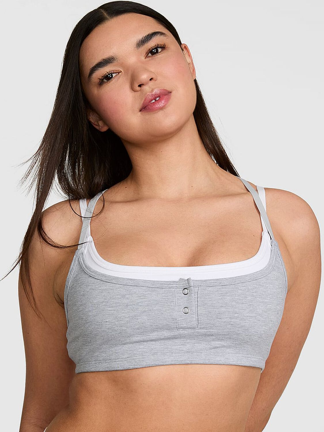 vs Pink All-Day Cotton&trade; Double Up Henley Bra Medium Heather Grey 1 of 3 