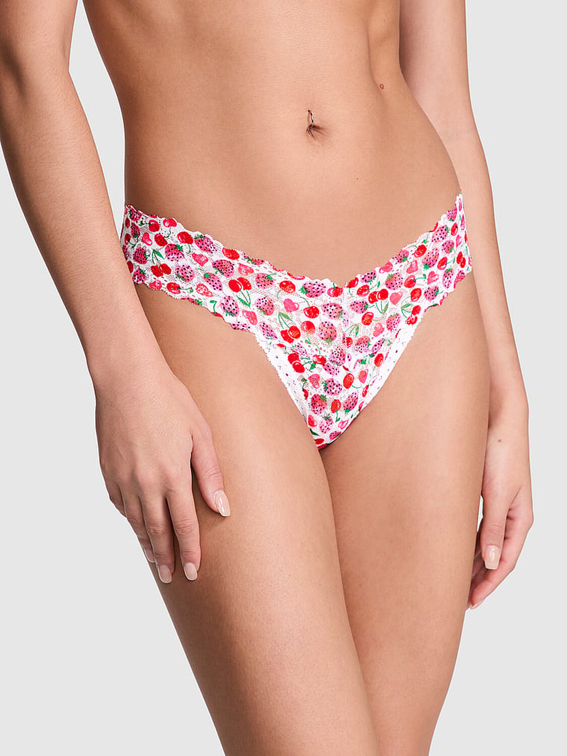 vs Pink Wink Lace Thong Panty White Cherry Heart Print 1 of 3 