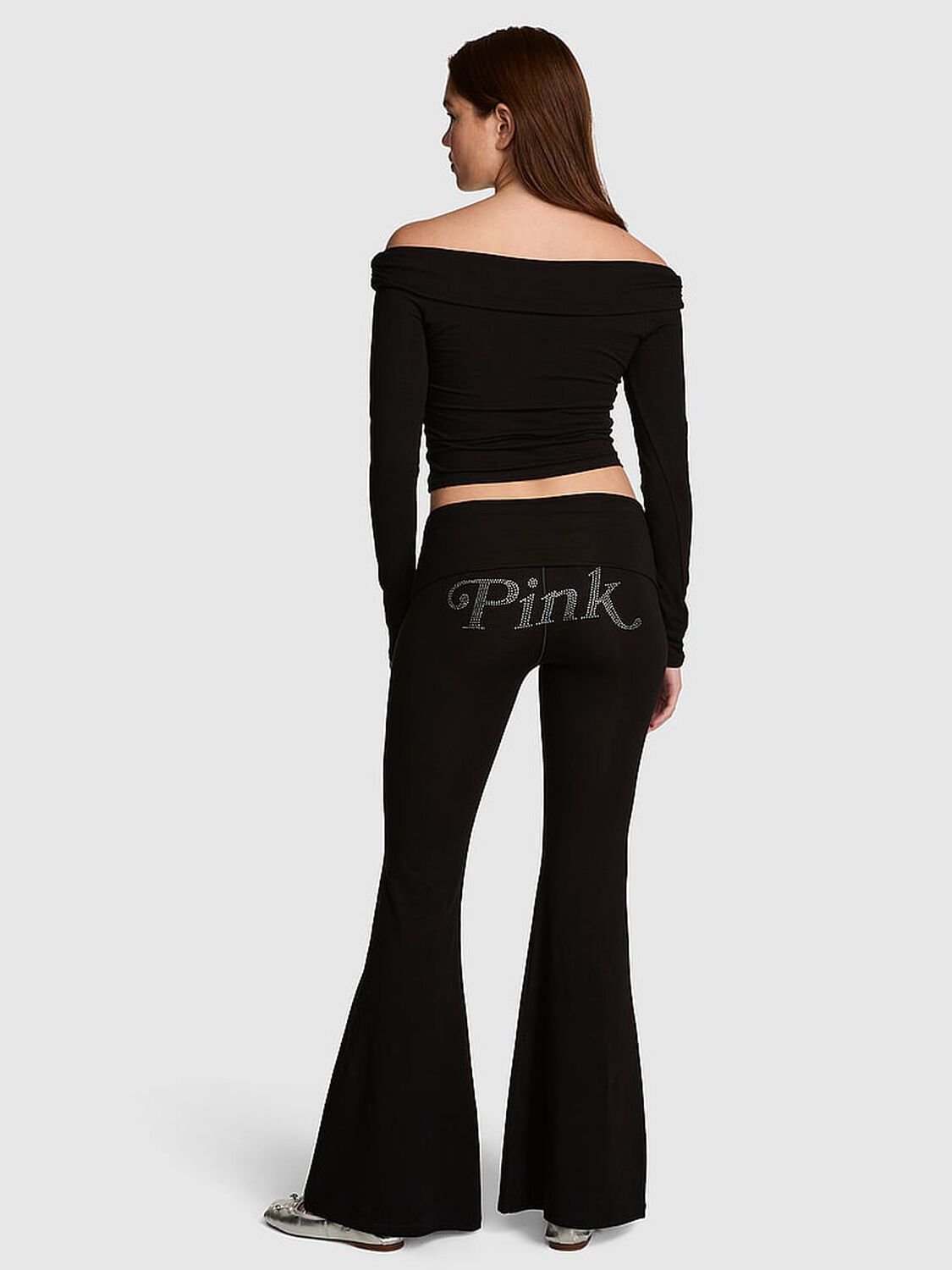 vs Pink All-Day Cotton&trade; Foldover Super Flare Leggings Black 2 of 3 
