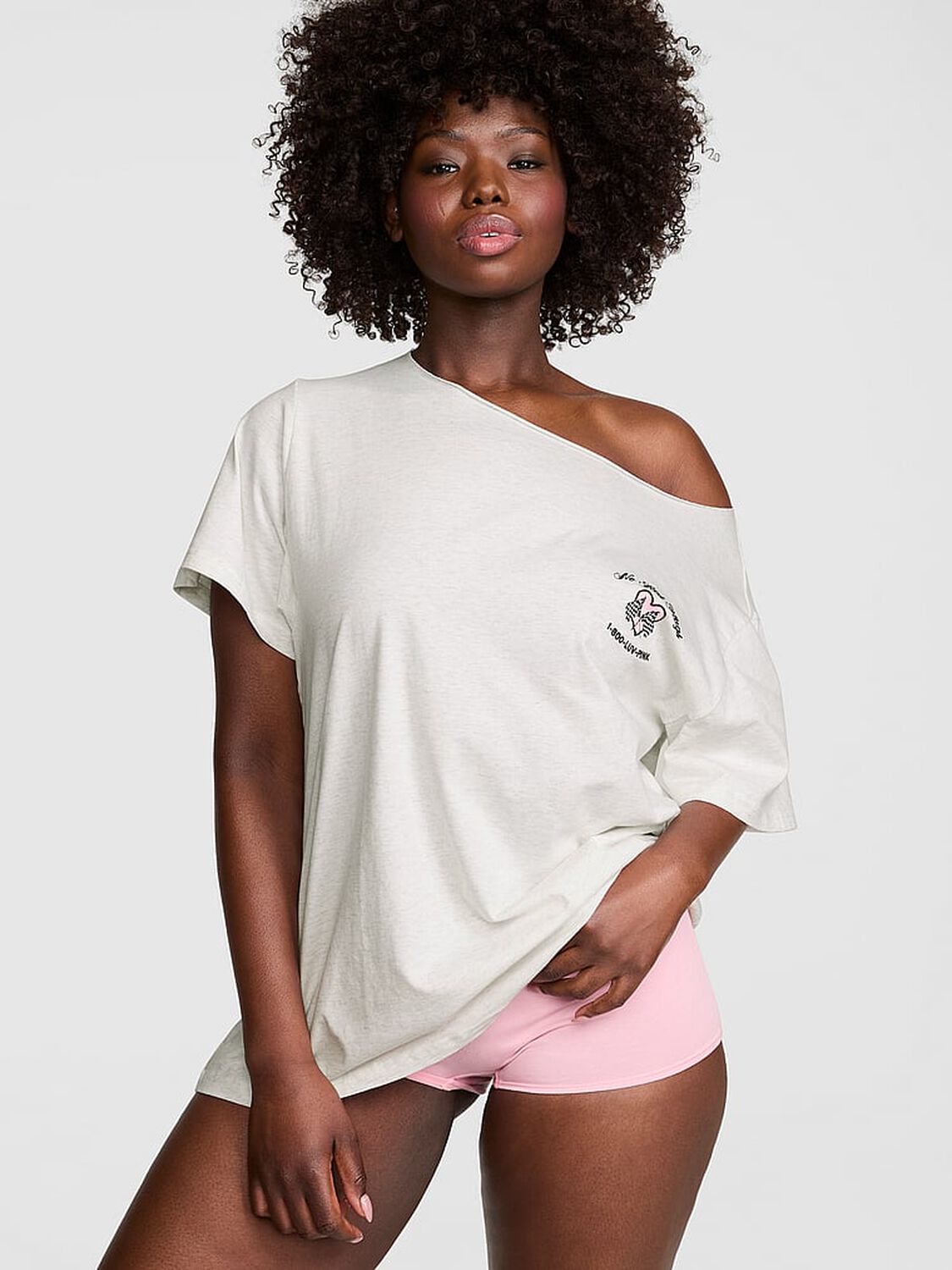vs Pink Campus Cotton&trade; Off-The-Shoulder Tee Snow Heather 1 of 2 