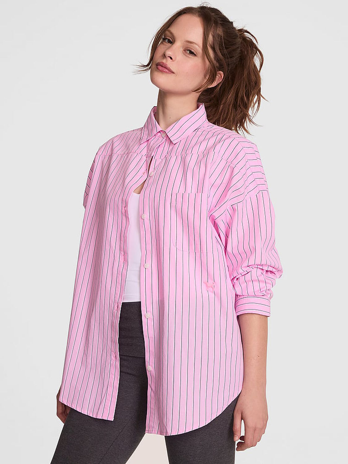vs Pink Boyfriend Button-Down Sleepshirt Pink Stripe 1 of 4 