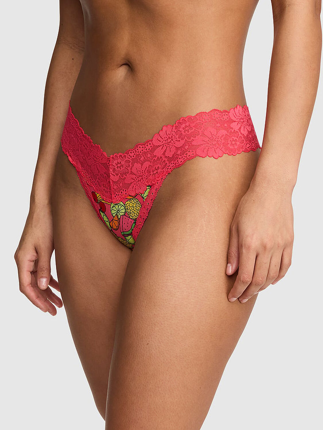 vs Pink PINK Wink&trade; Lace-Trim Thong Panty Candy Pink Fruit Print 1 of 3 