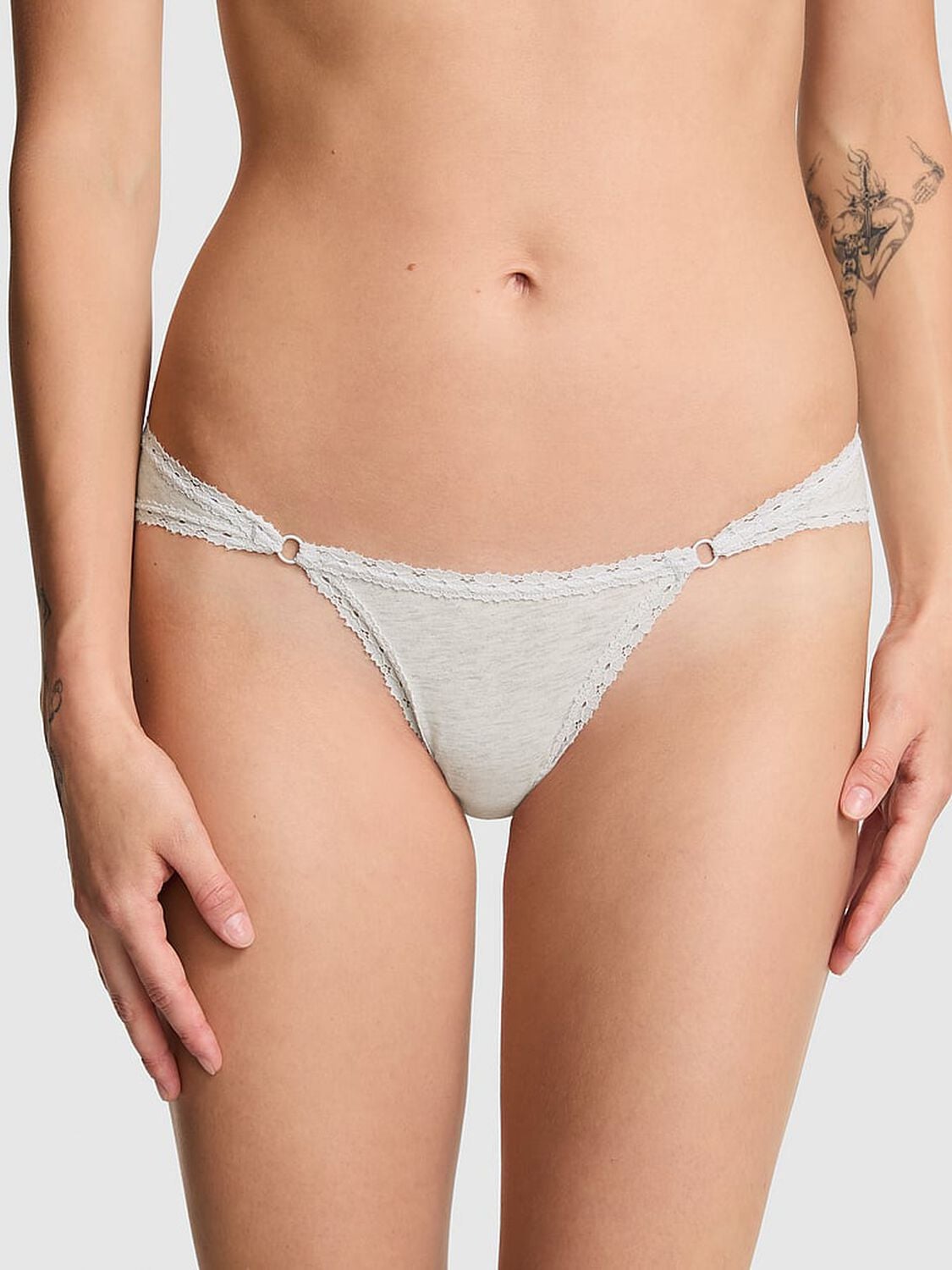 pink Pink Cotton Lace-Trim Low-Rise Cheeky Panty Vs Snow Heather Silver 1 of 3 