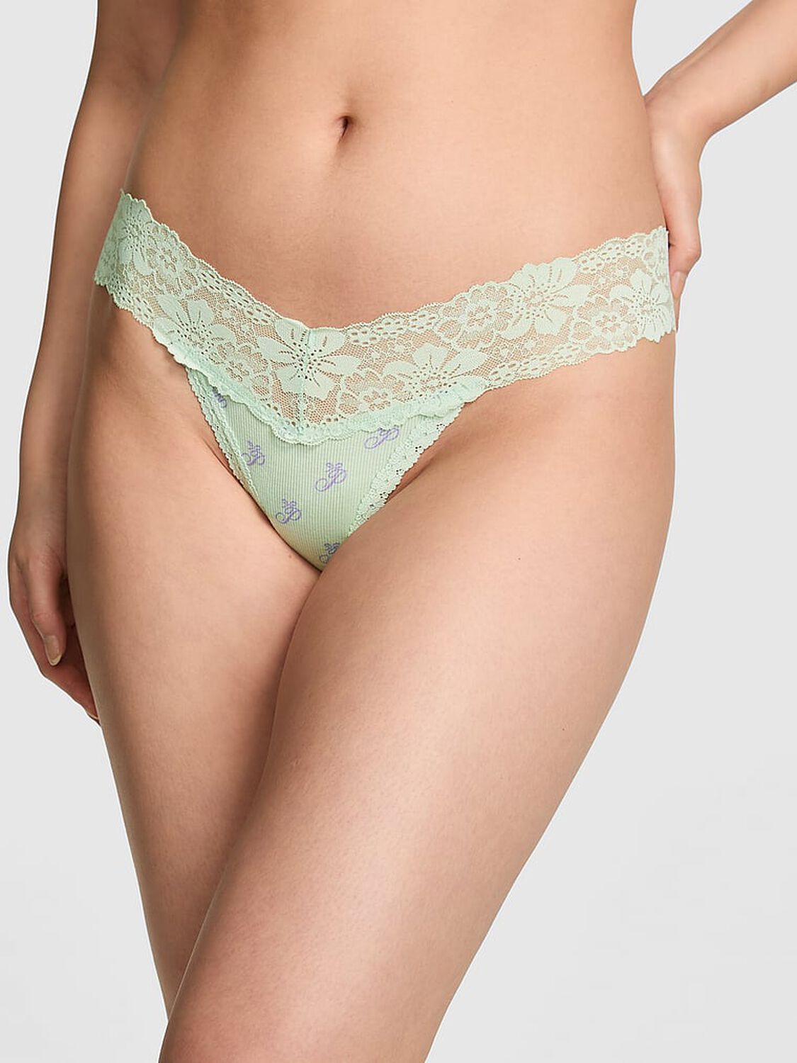 vs Pink Wink Lace-Trim Thong Panty Mint Script P Print 1 of 3 