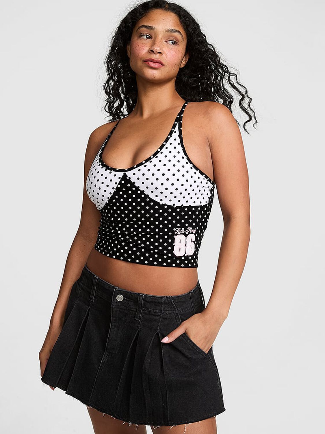 vs Pink All-Day Cotton&trade; Racerback Bra Tank Black And White Dots 1 of 3 