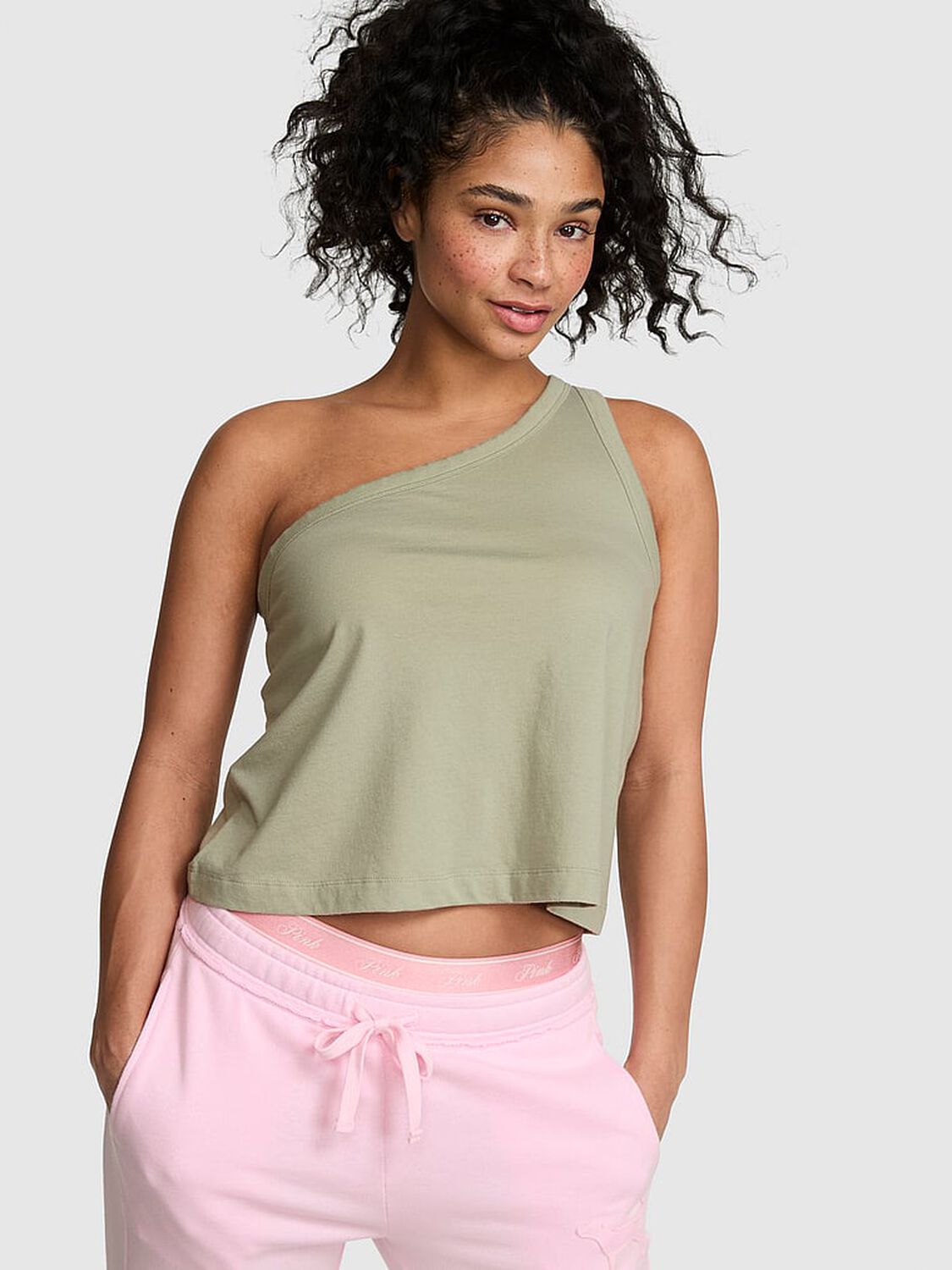 vs Pink Dream Jersey One-Shoulder Tank Top Slate Green 1 of 2 