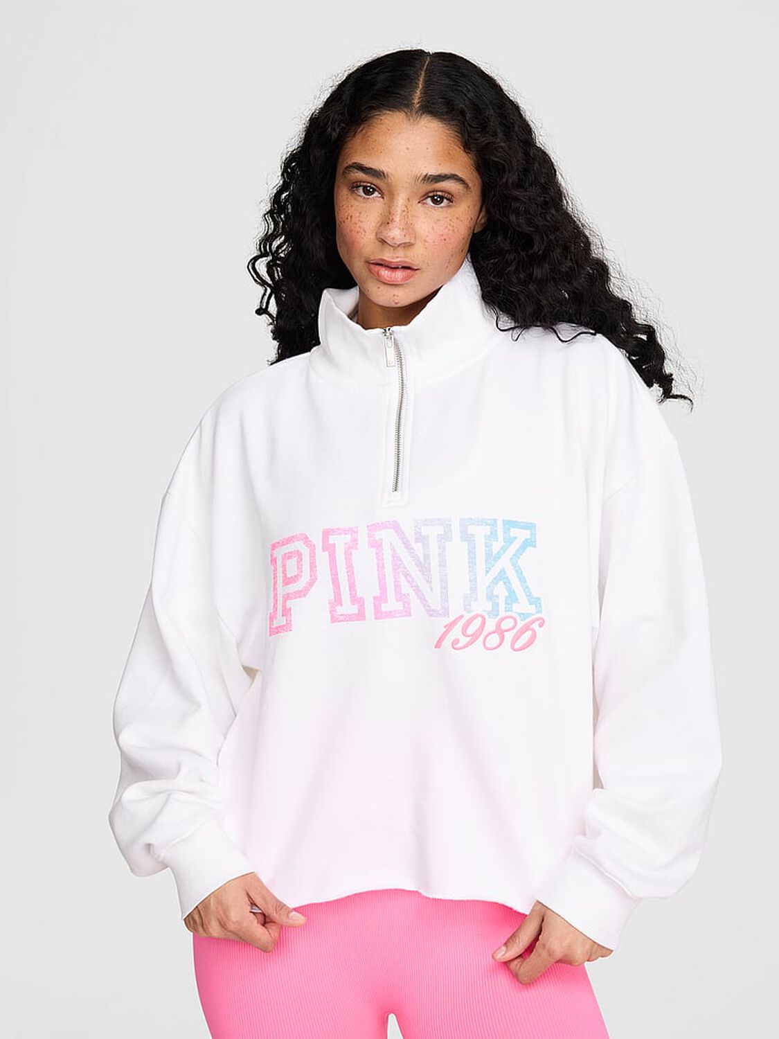 vs Pink Campus Fleece&trade; Quarter-Zip Straight-Cut Sweatshirt Vs White 1 of 4 