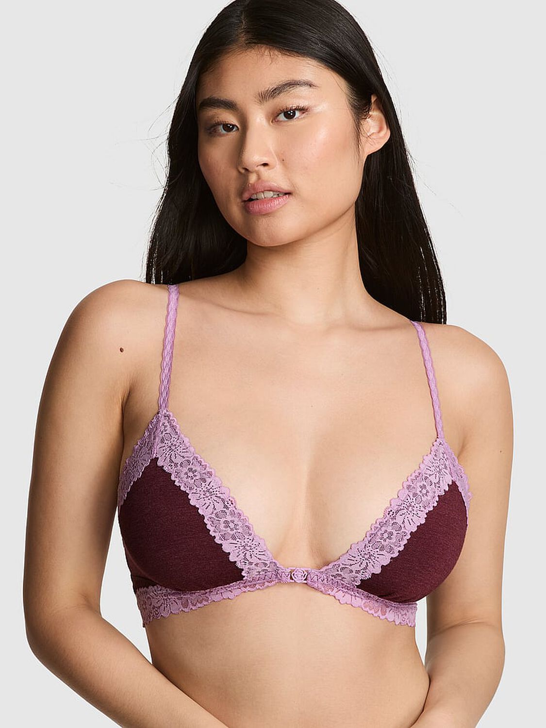 vs Pink Cotton Lace-Trim Front-Close Triangle Bralette Heather Burgundy 1 of 2 