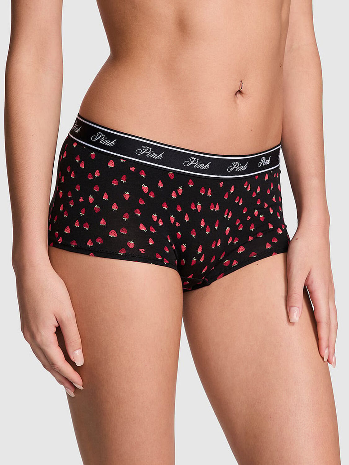 vs Pink Logo Cotton Shine Boyshort Panty Black Strawberry Print 1 of 3 