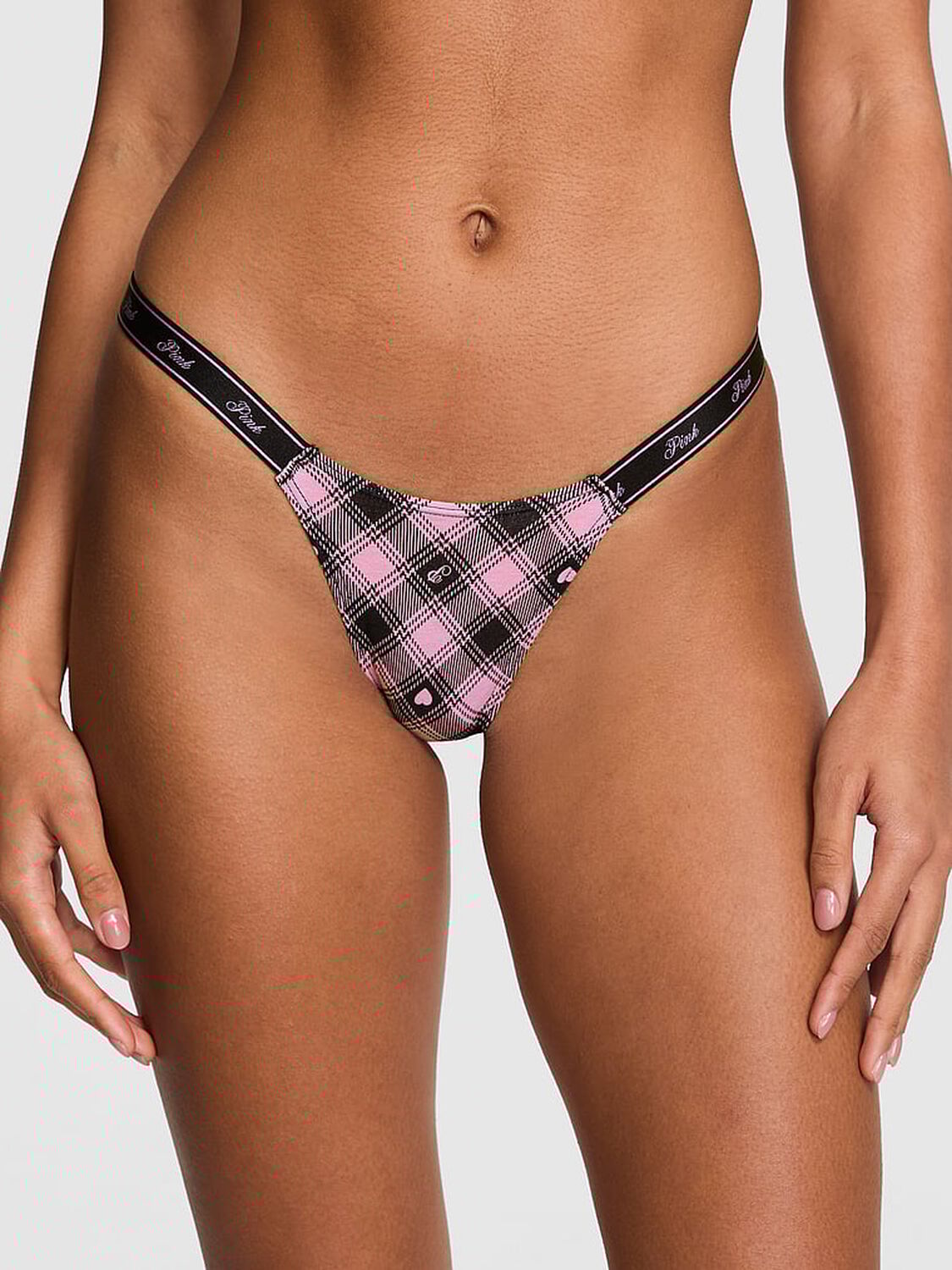 vs Pink Logo Cotton High-Leg Micro Thong Panty Pink Black Plaid Print 1 of 3 
