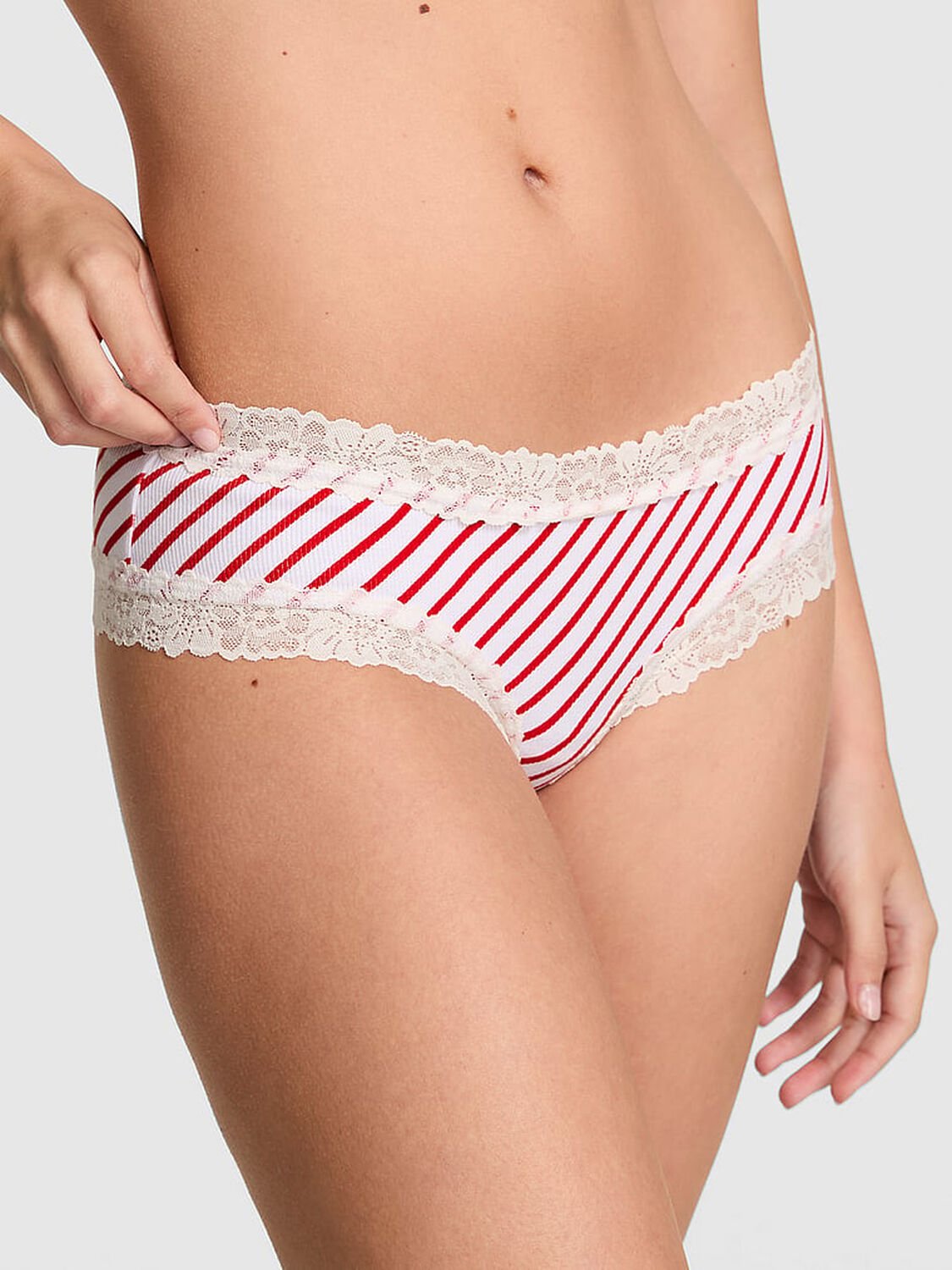 vs Pink Wink Lace-Trim Cheeky Panty Red And White Stripe Print 1 of 2 