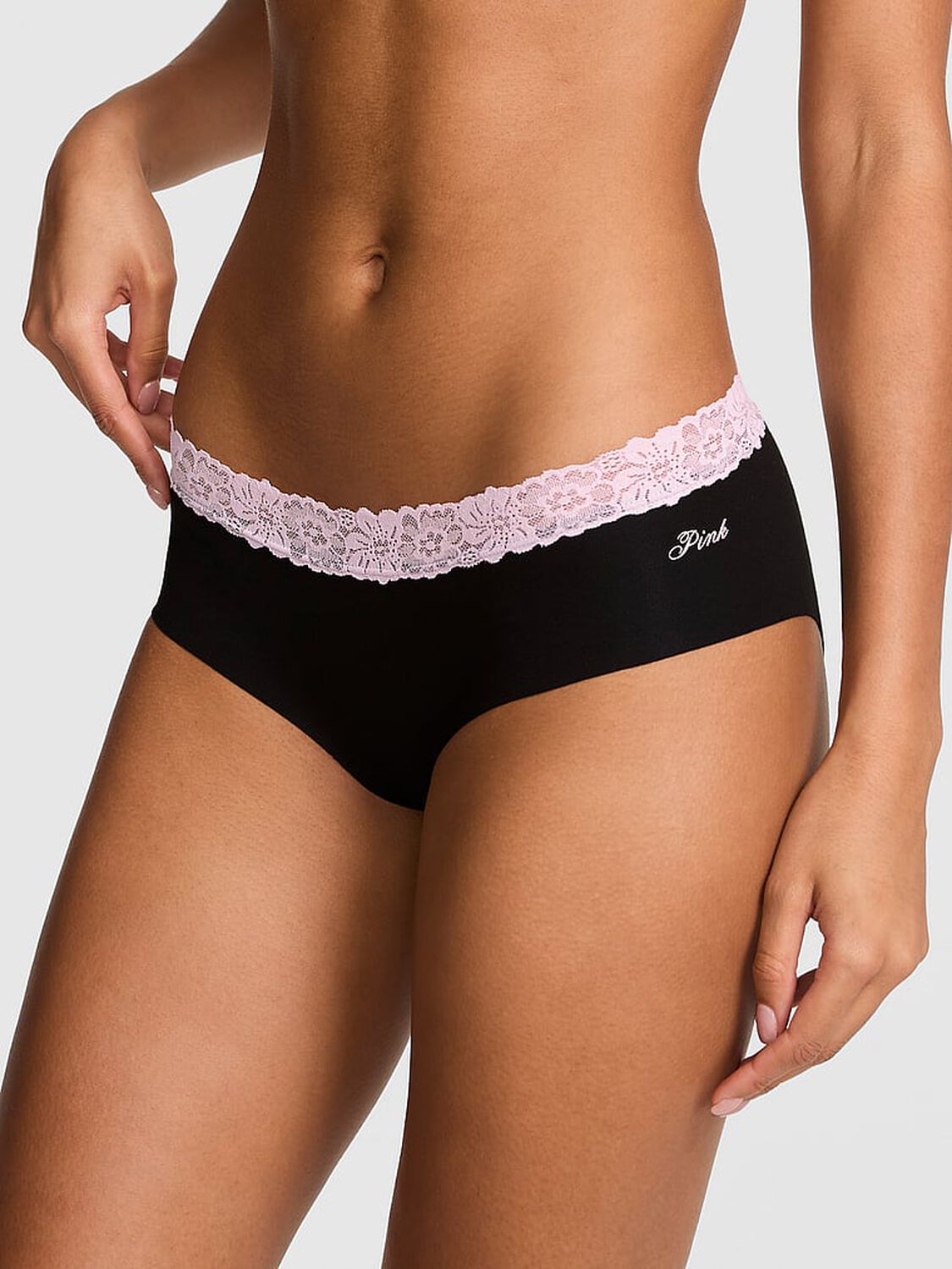 vs Pink No-Show Cotton Hiphugger Panty Black W/ Pink Tulip Lace Trim 1 of 3 