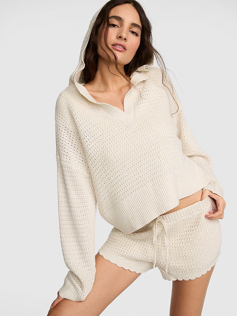 Crochet V-Neck Hoodie Natural Heather L | Victoria's Secret Australia