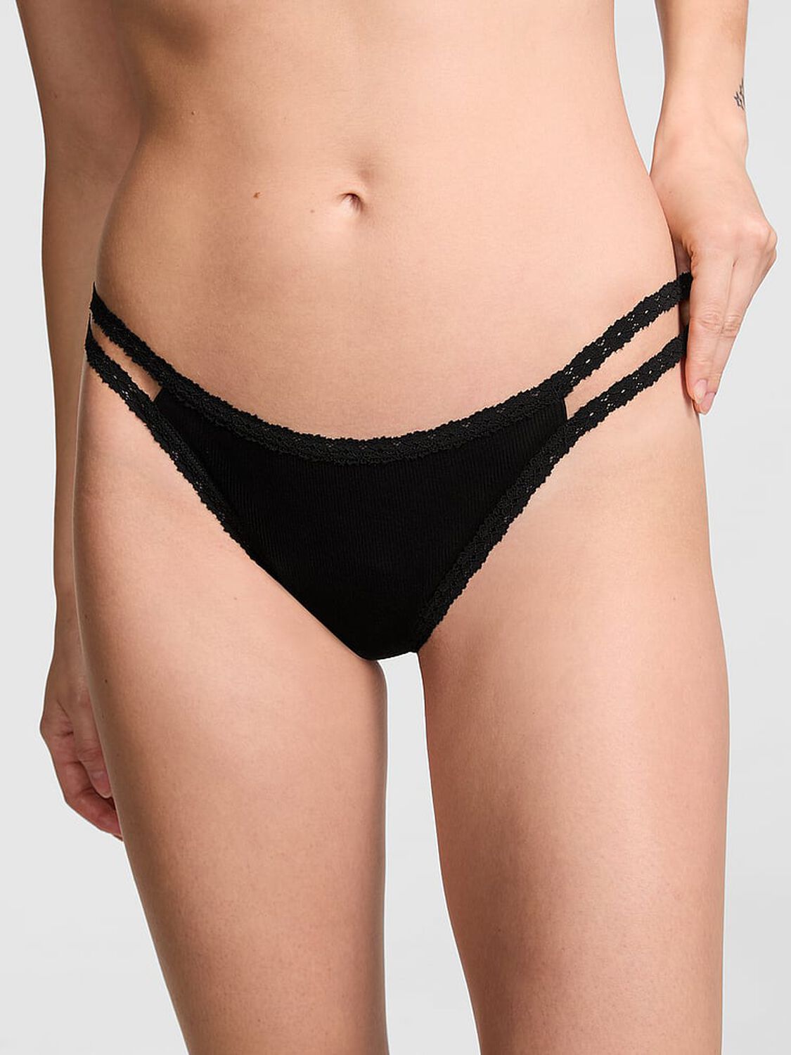 vs Pink WINK Lace-Trim Strappy Thong Panty Pure Black 1 of 3 