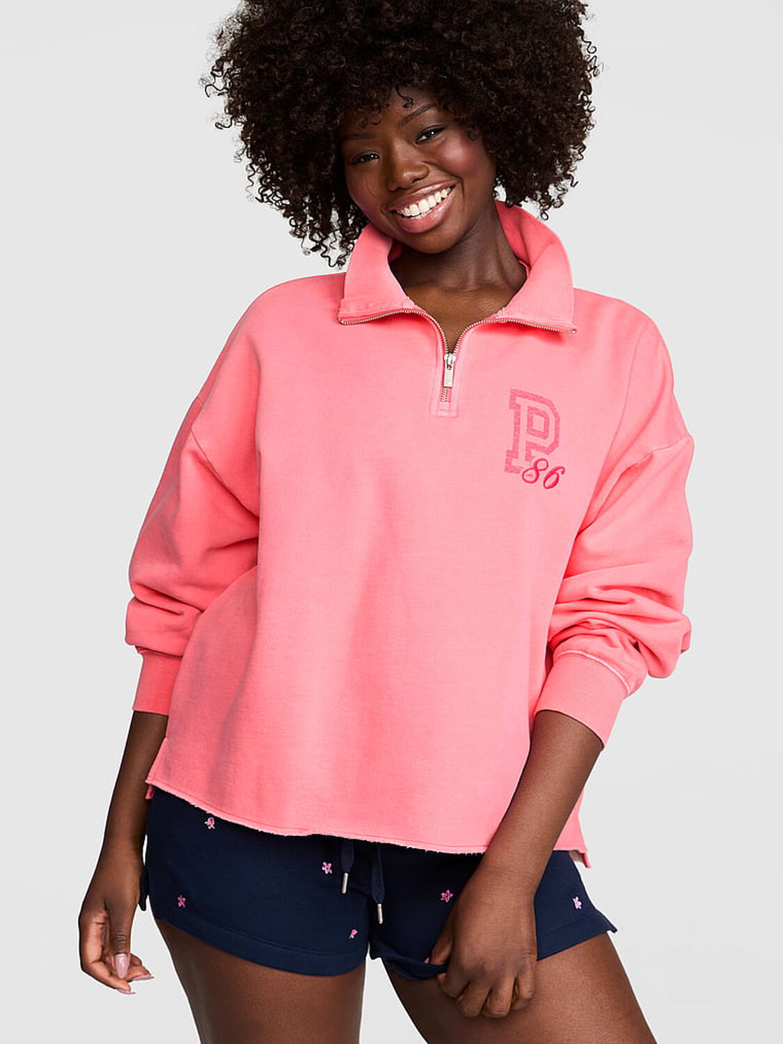 vs Pink Campus Fleece&trade; Quarter-Zip Straight-Cut Sweatshirt Vivid Pink 1 of 3 