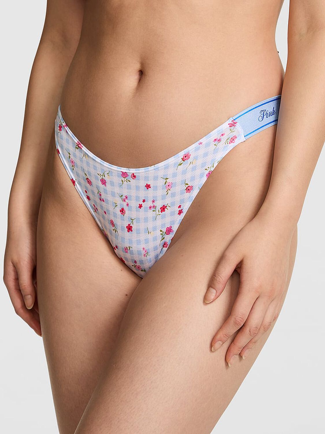 vs Pink Logo Cotton Shine High-Leg Thong Panty Blue Dancer Gingham Floral Print 1 of 3 