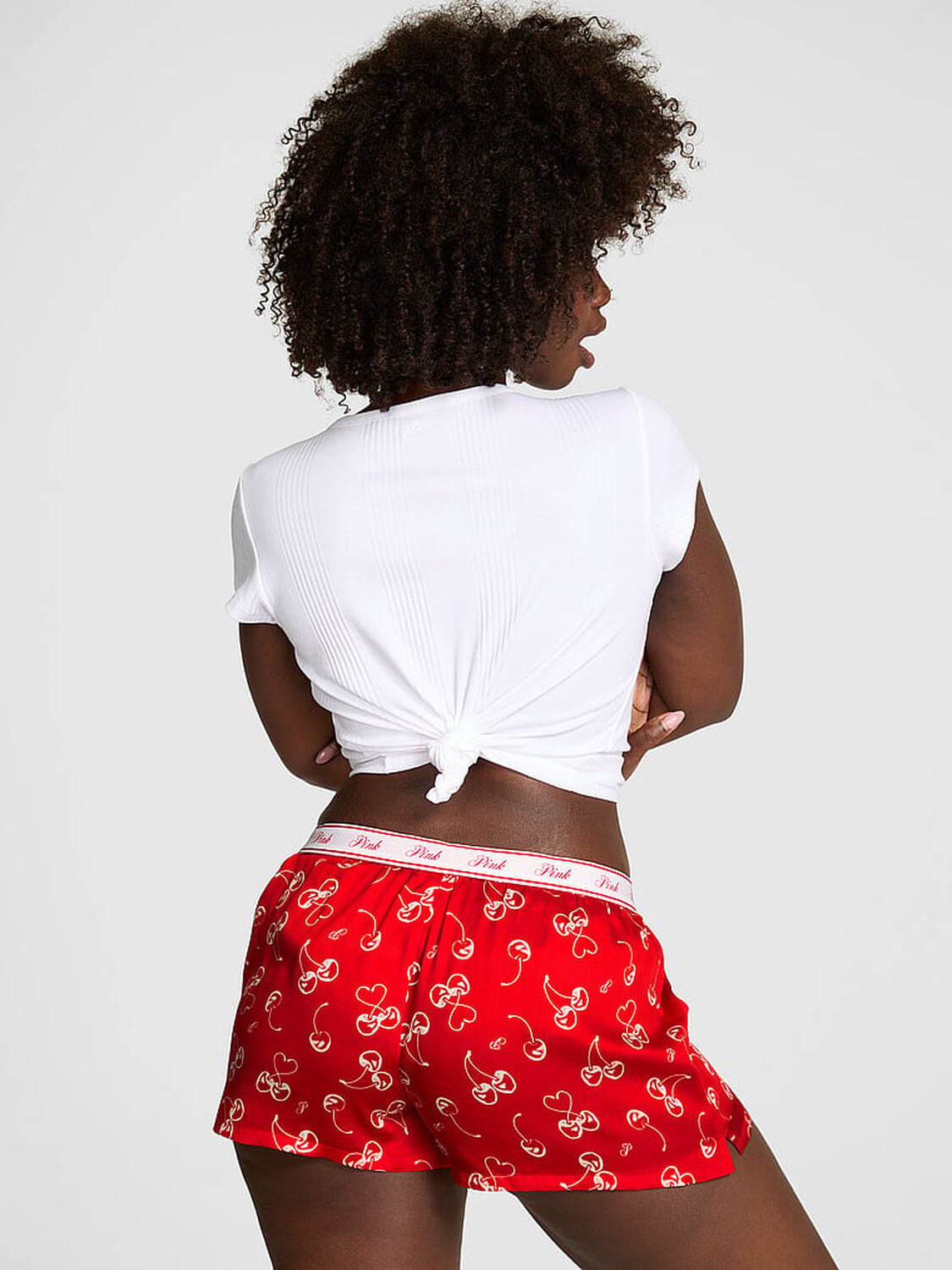 pink Pink Silky Sleep Boxy Pajama Shorts Bright Vermilion Cherry Hearts 2 of 4 