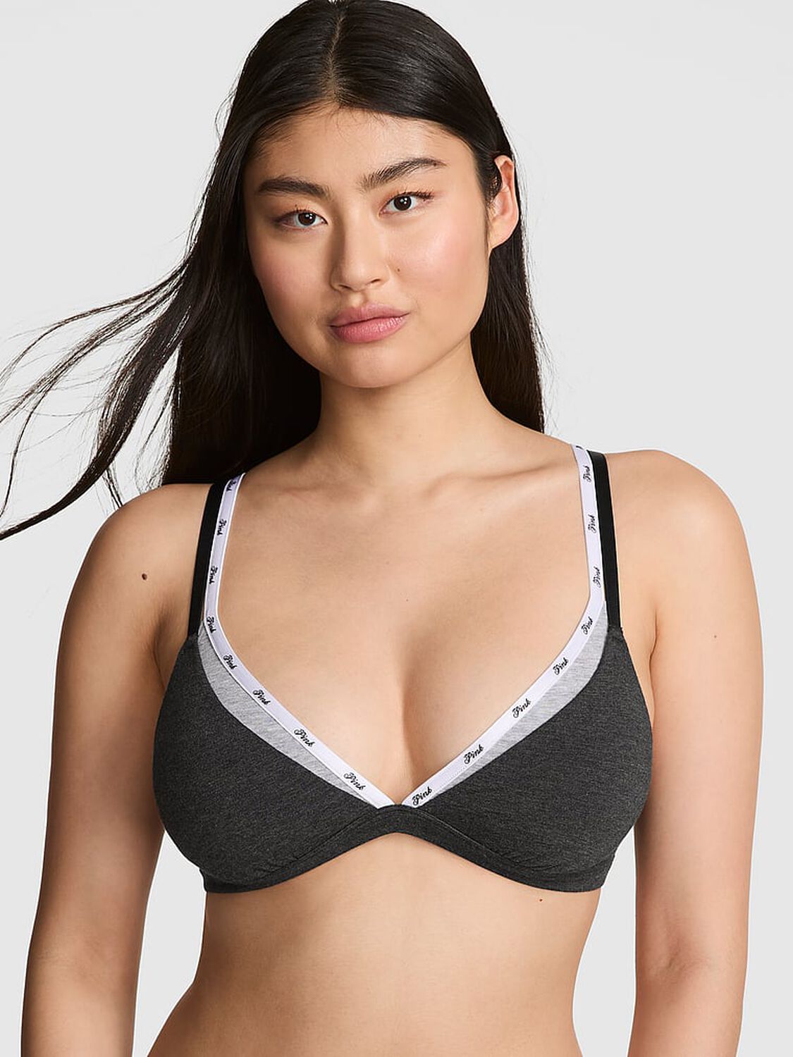 vs Pink Bralettes & Bra Tops Logo Cotton Strappy Triangle Bralette Medium Heather Grey 1 of 3 