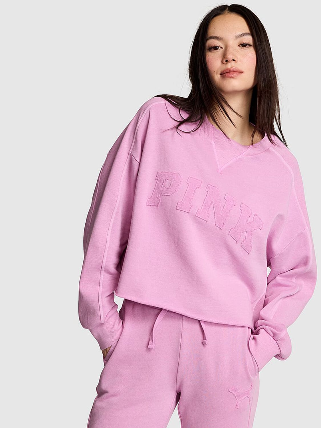vs Pink Campus Terry&trade; Raw-Cut Crew Sweatshirt Light Lilac 1 of 4 