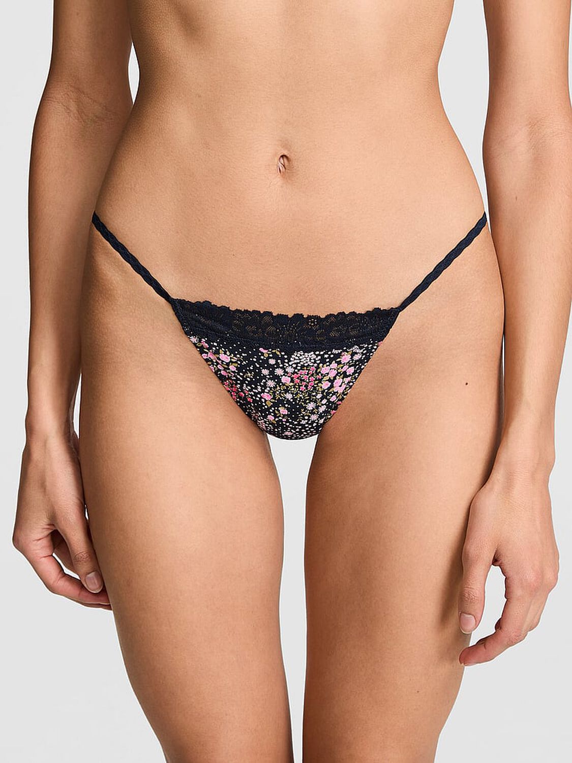 vs Pink Cotton Lace-Trim String Bikini Panty Noir Navy Floral Print 1 of 3 