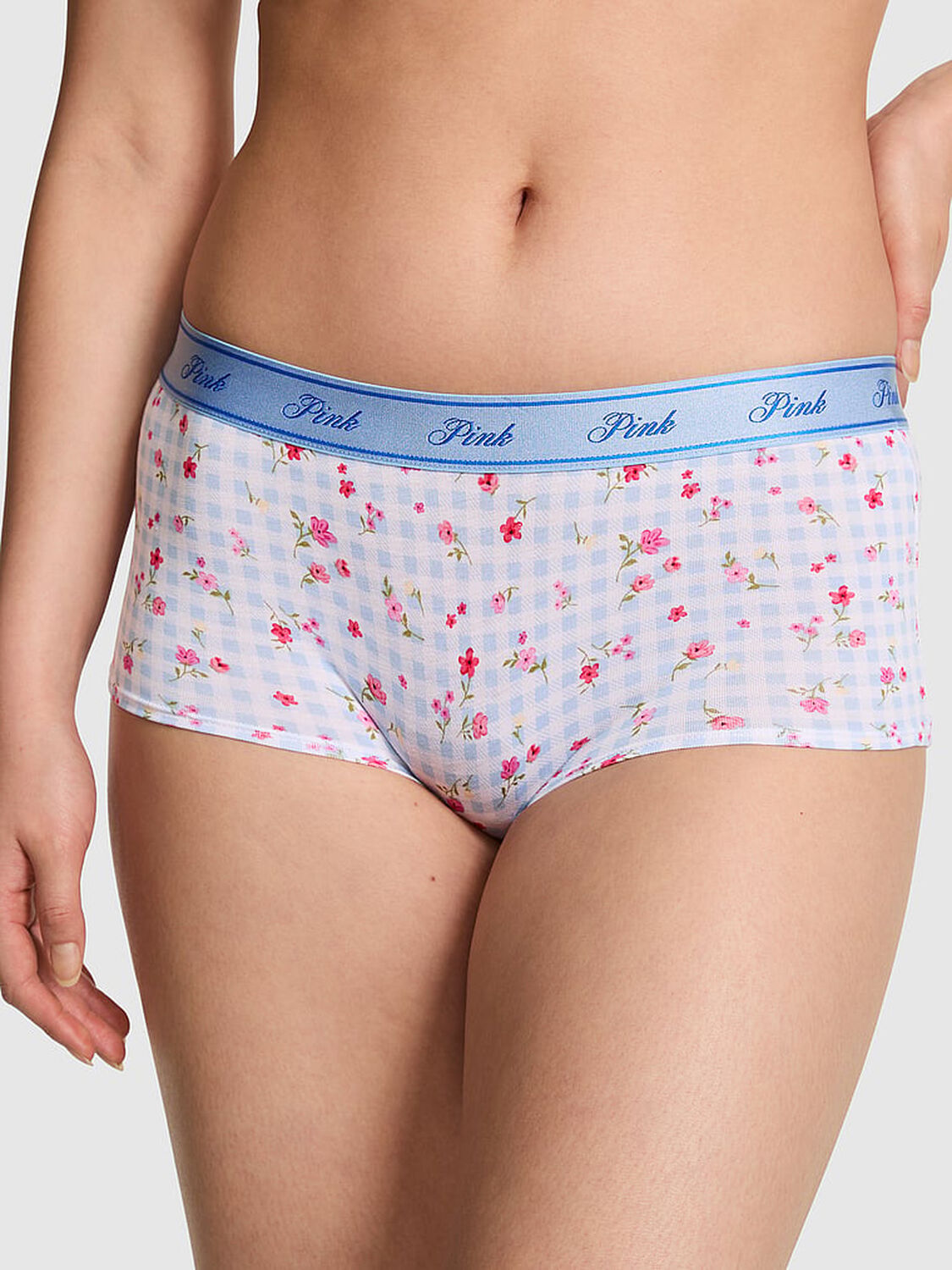 vs Pink Logo Cotton Boyshort Panty Blue Dancer Gingham Floral 1 of 3 
