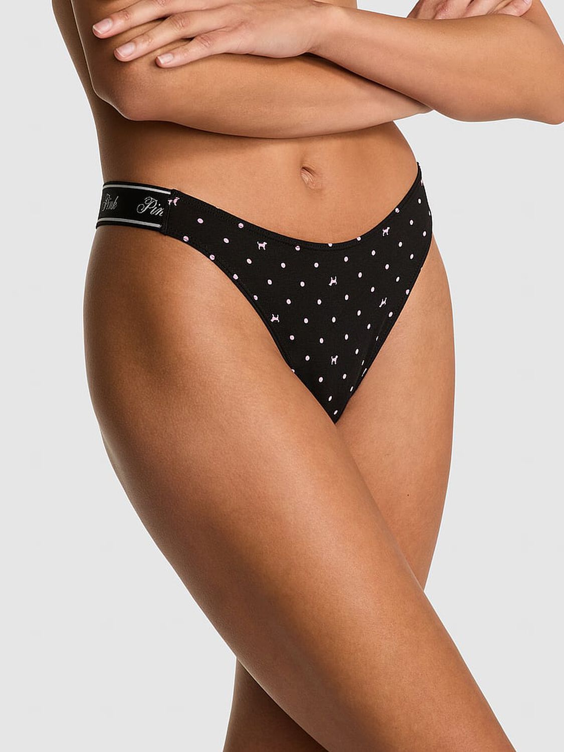 vs Pink Logo Cotton Shine High-Leg Thong Panty Black Dot Dog Print 1 of 3 