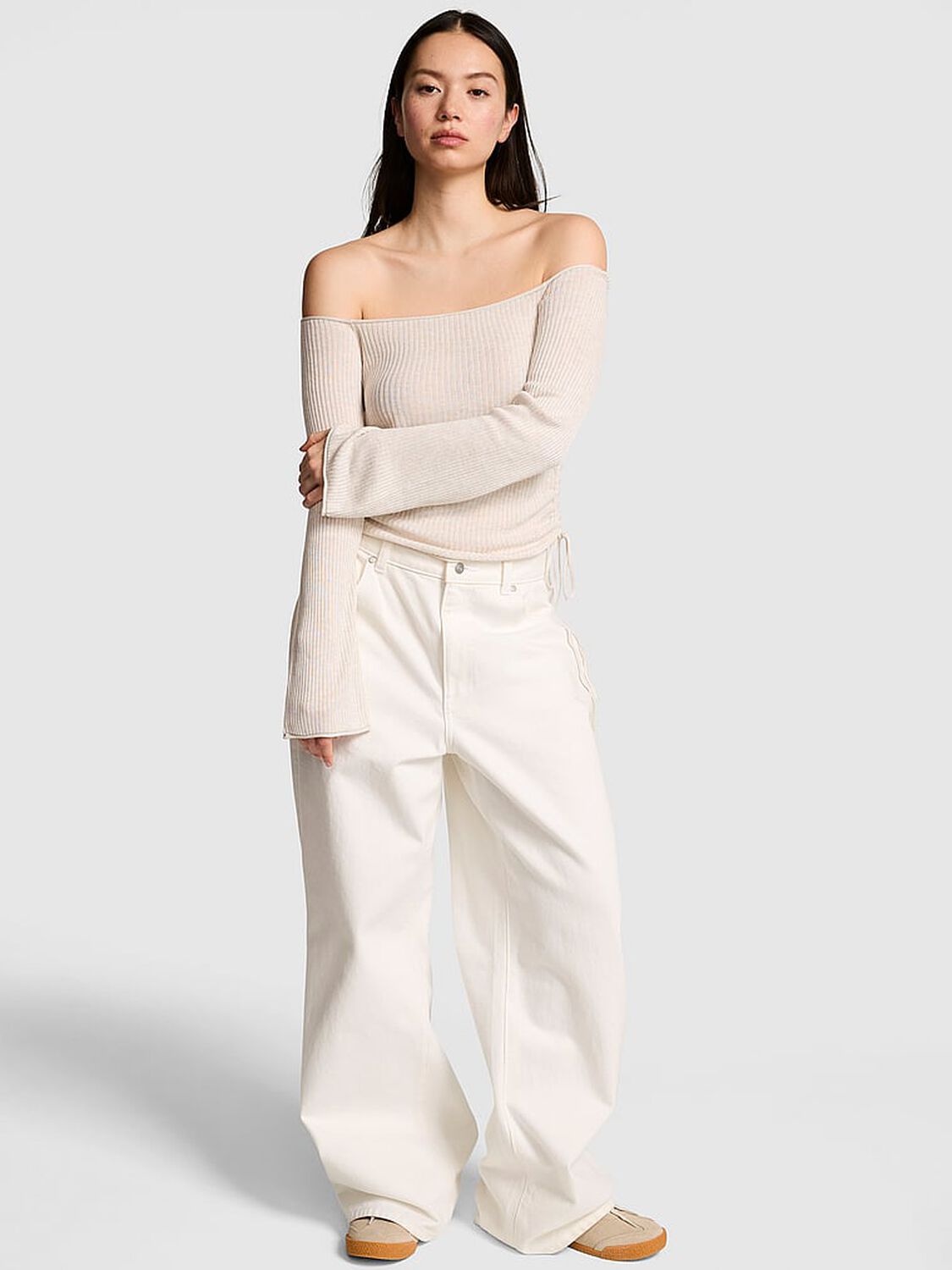 vs Pink Side-Ruched Oﬀ-The-Shoulder Sweater Vs Natural Heather 1 of 2 