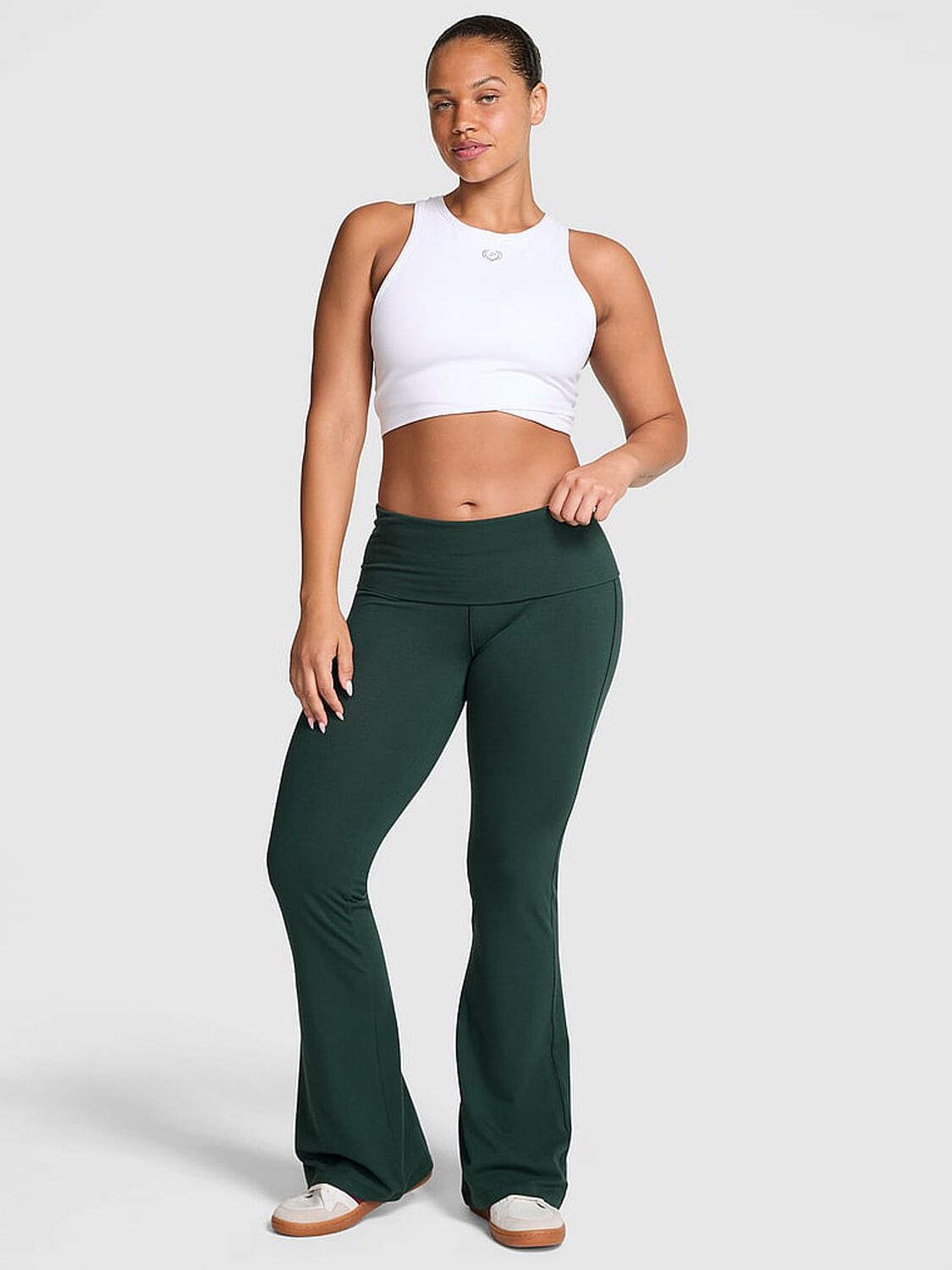 vs Pink All-Day Cotton Foldover Flare Leggings Deep Forest Lurex Thread Logo 1 of 3 