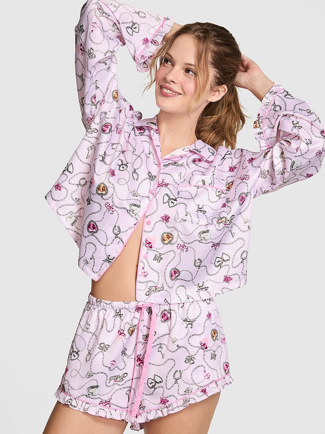 vs Pink GRWPINK&trade; Satin Long-Sleeve and Shorts Pajama Set Pink Lollipop Locket Print 1 of 3 