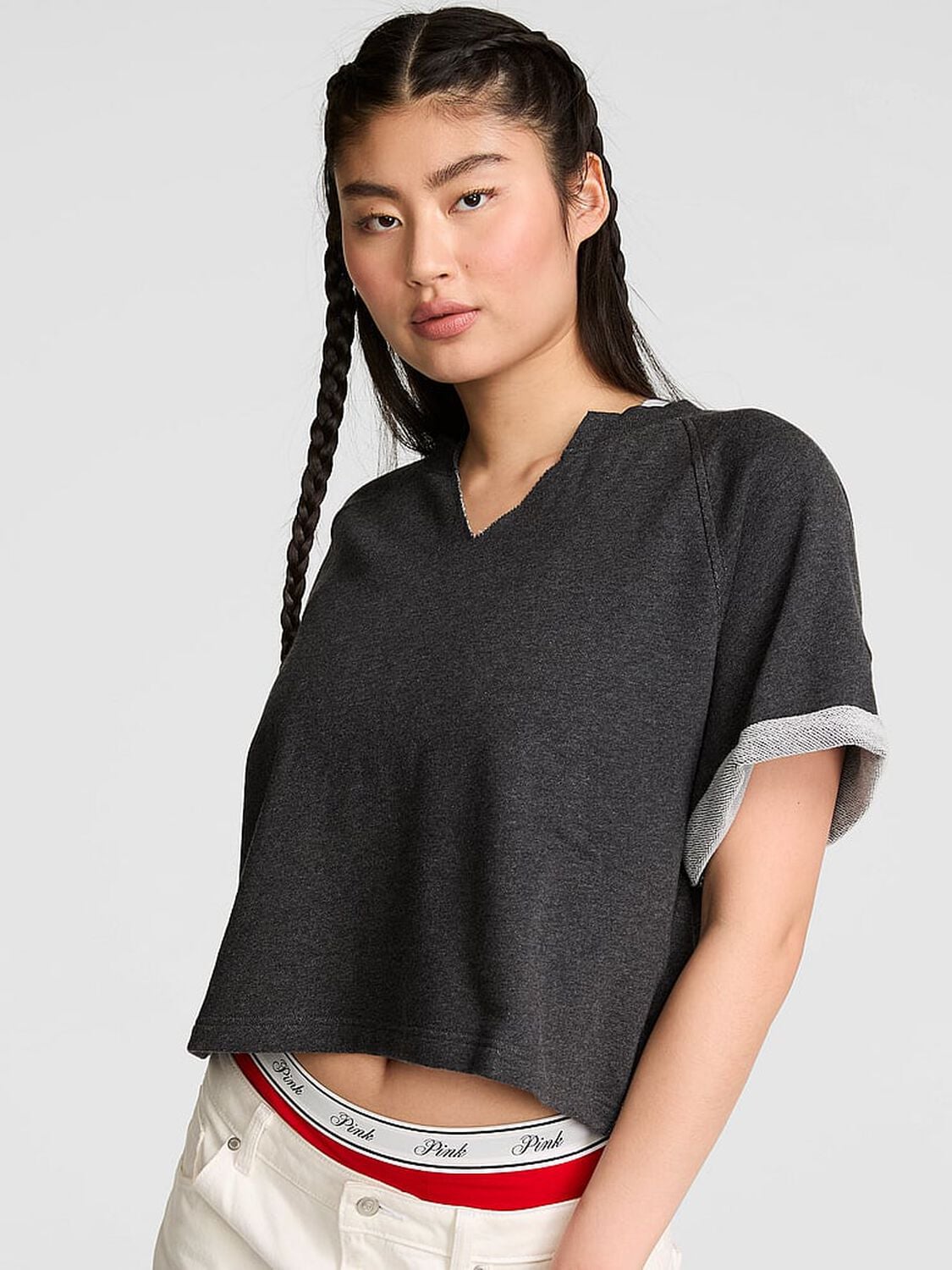 vs Pink Campus Terry&trade; Short-Sleeve Crew Sweatshirt Vs Charcoal Heather Grey 1 of 3 