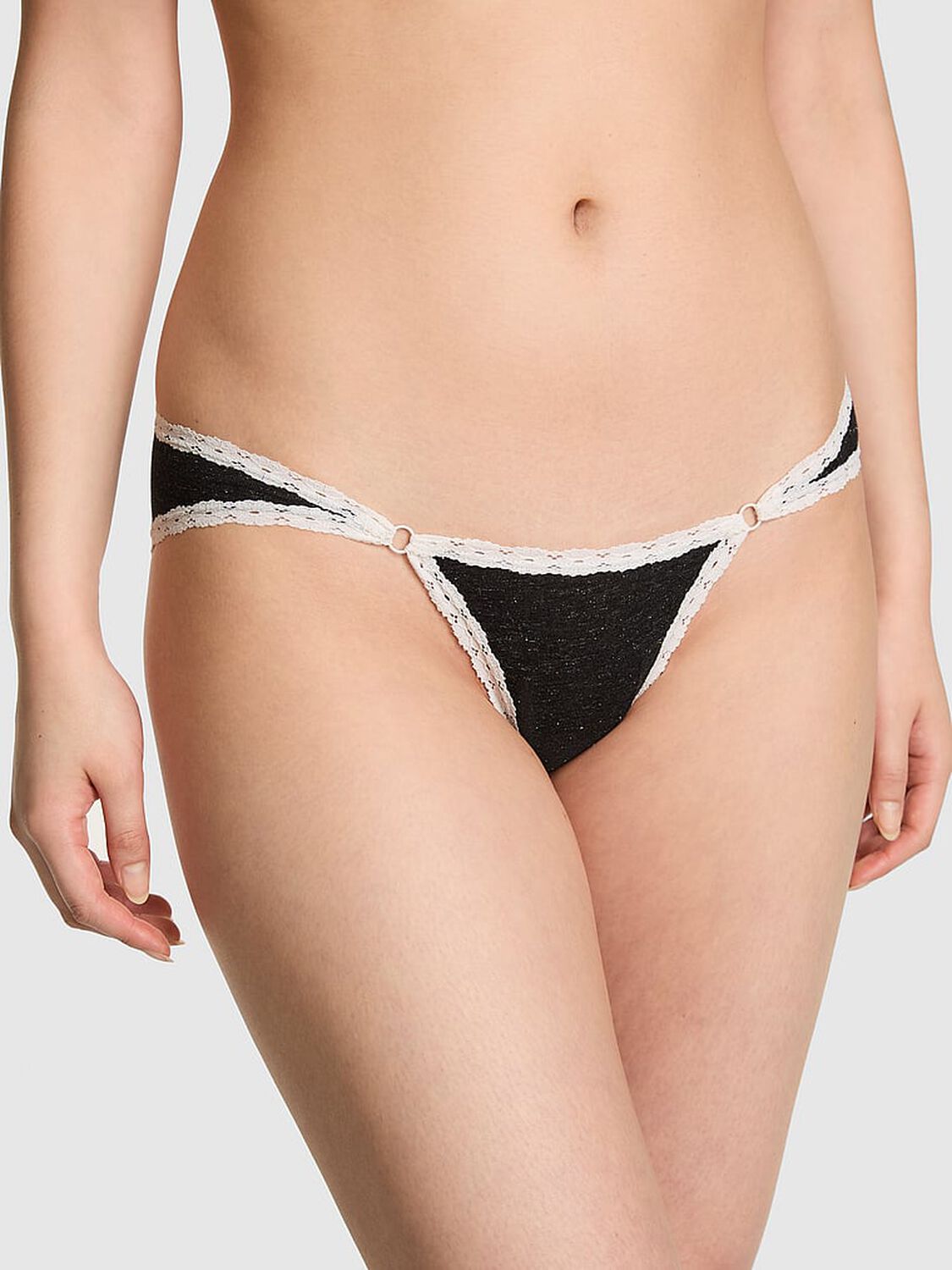 vs Pink Cotton Lace-Trim Low-Rise Cheeky Panty Charcoal Heather Grey 1 of 2 