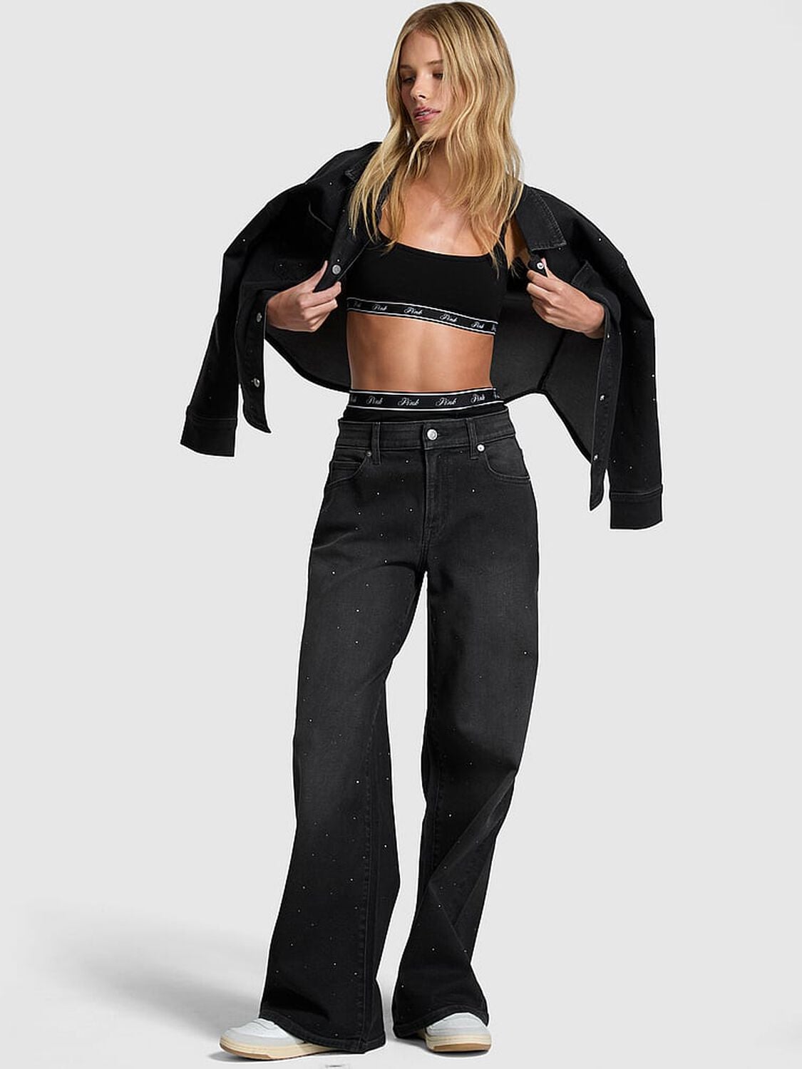 pink Pink Denim by PINK Mid-Rise Baggy Wide-Leg Jeans Black Denim Wash Diamante 1 of 3 