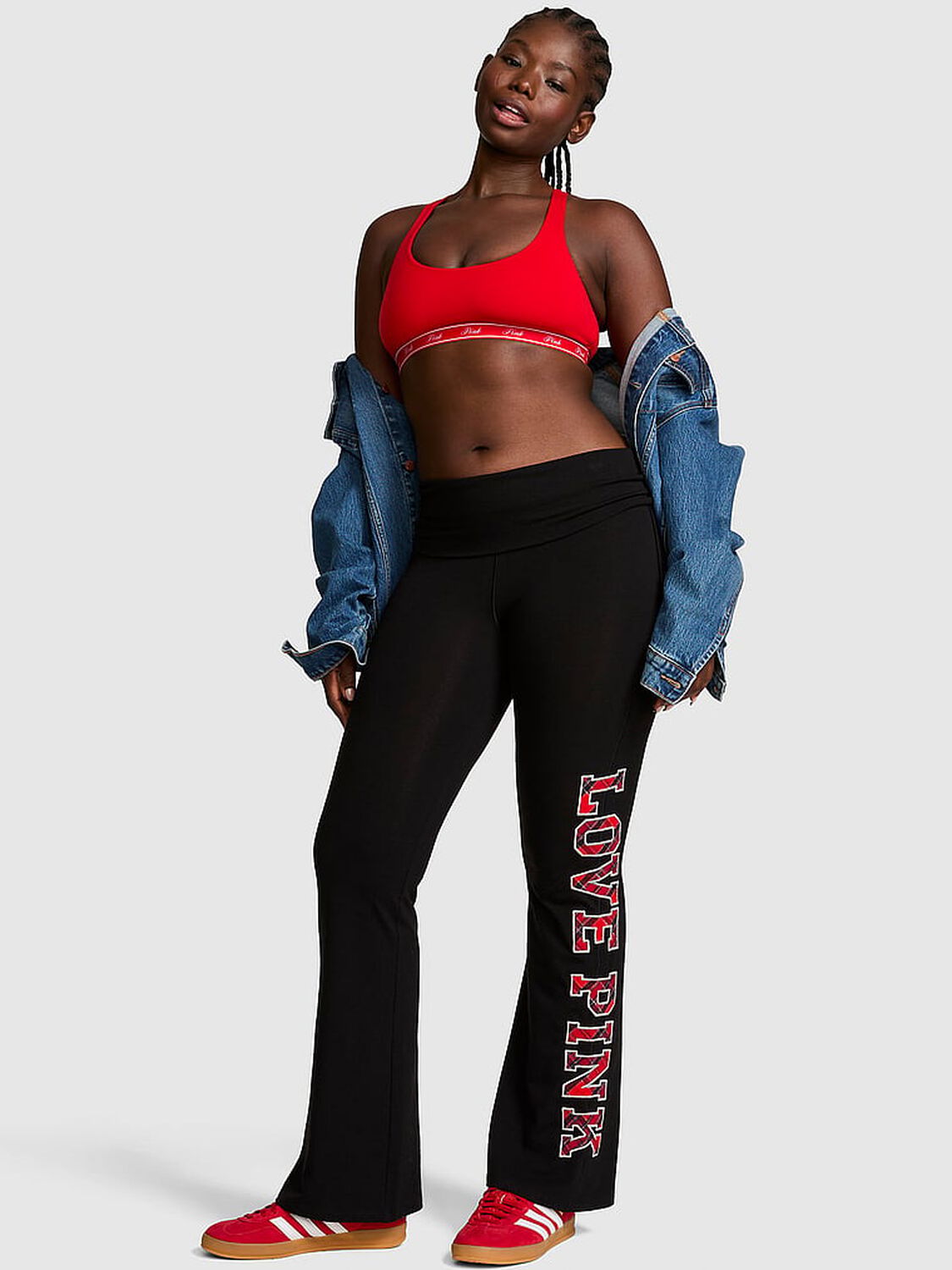 vs Pink All-Day Cotton&trade; Foldover Flare Leggings Pure Black Plaid 1 of 4 