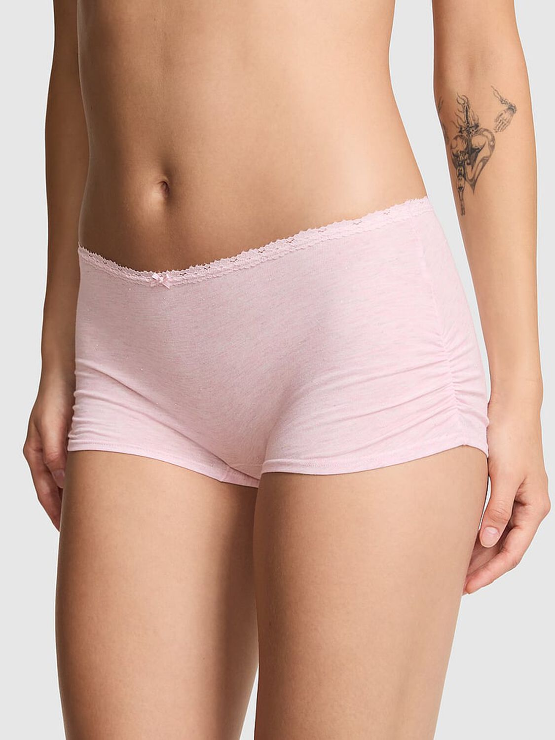 vs Pink Cotton Dorm Boyshort Panty Heather Pink Petal Silver 1 of 2 