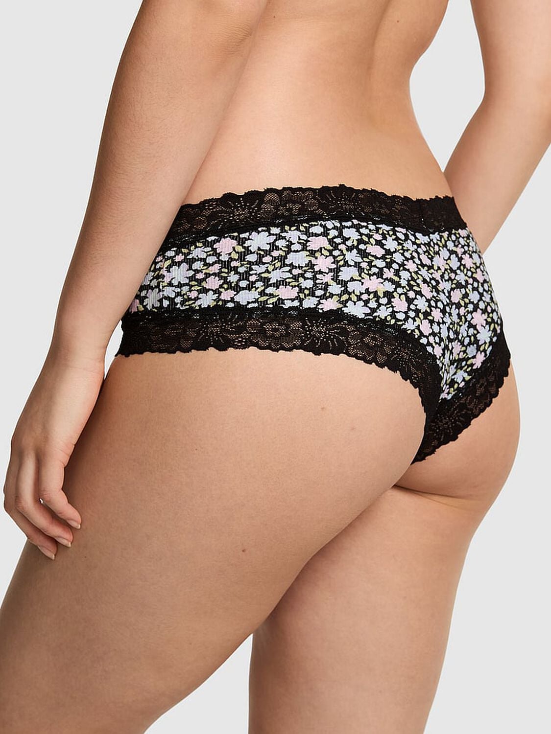 vs Pink PINK Wink&trade; Lace-Trim Cheeky Panty Black Floral 2 of 3 