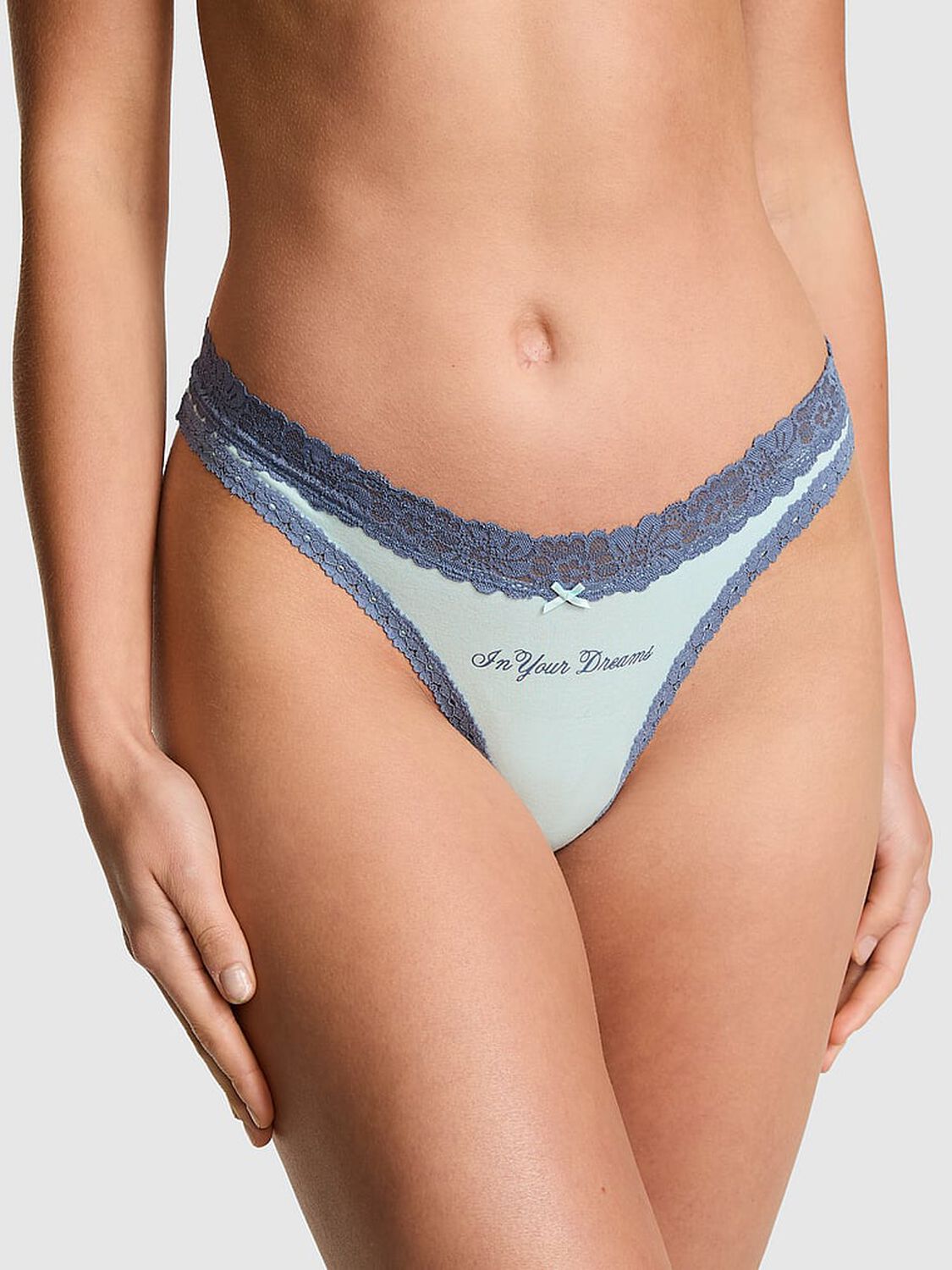 vs Pink Cotton Lace-Trim High-Leg Thong Panty Spray Blue "In Your Dreams" 1 of 3 
