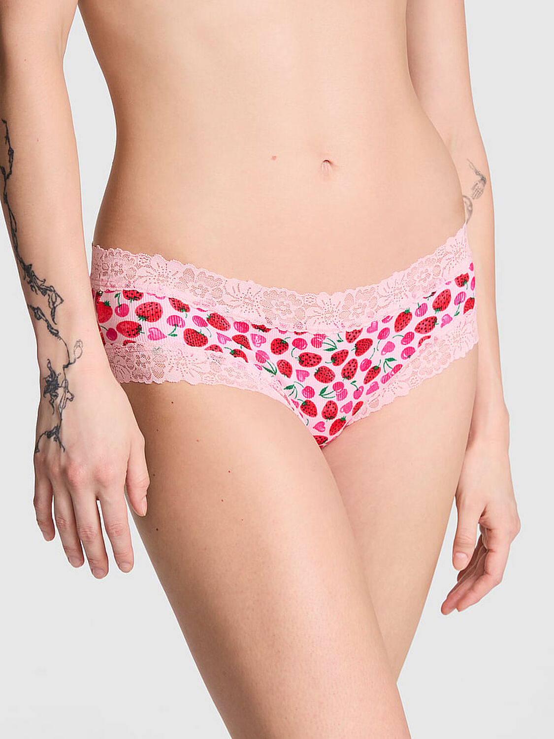 vs Pink Wink Lace-Trim Cheeky Panty Pink Cherry Heart Print 1 of 3 