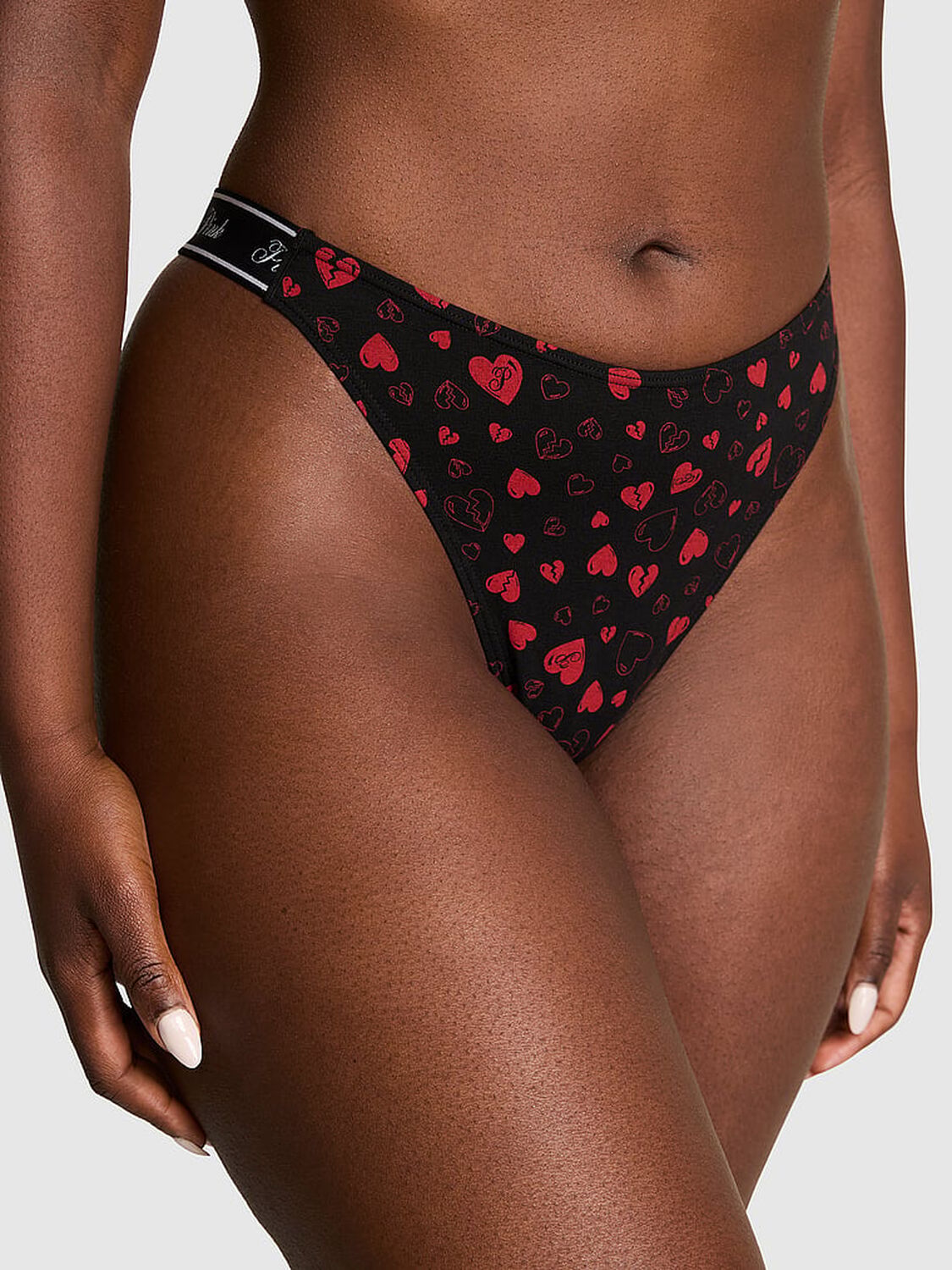 vs Pink Logo Cotton High-Leg Thong Panty Black Broken Hearts 1 of 3 