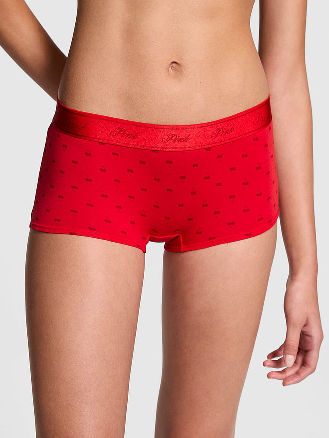 vs Pink Logo Cotton Boyshort Panty Bright Vermillion Cherry Print 1 of 3 