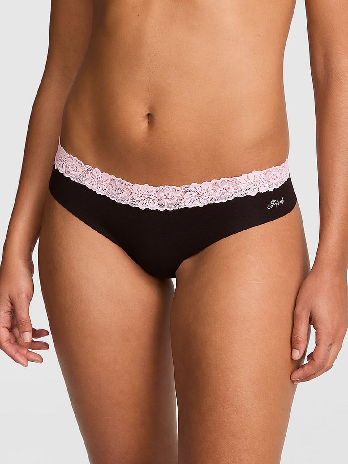 vs Pink No-Show Cotton Thong Panty Black W/ Pink Tulip Lace Trim 1 of 3 